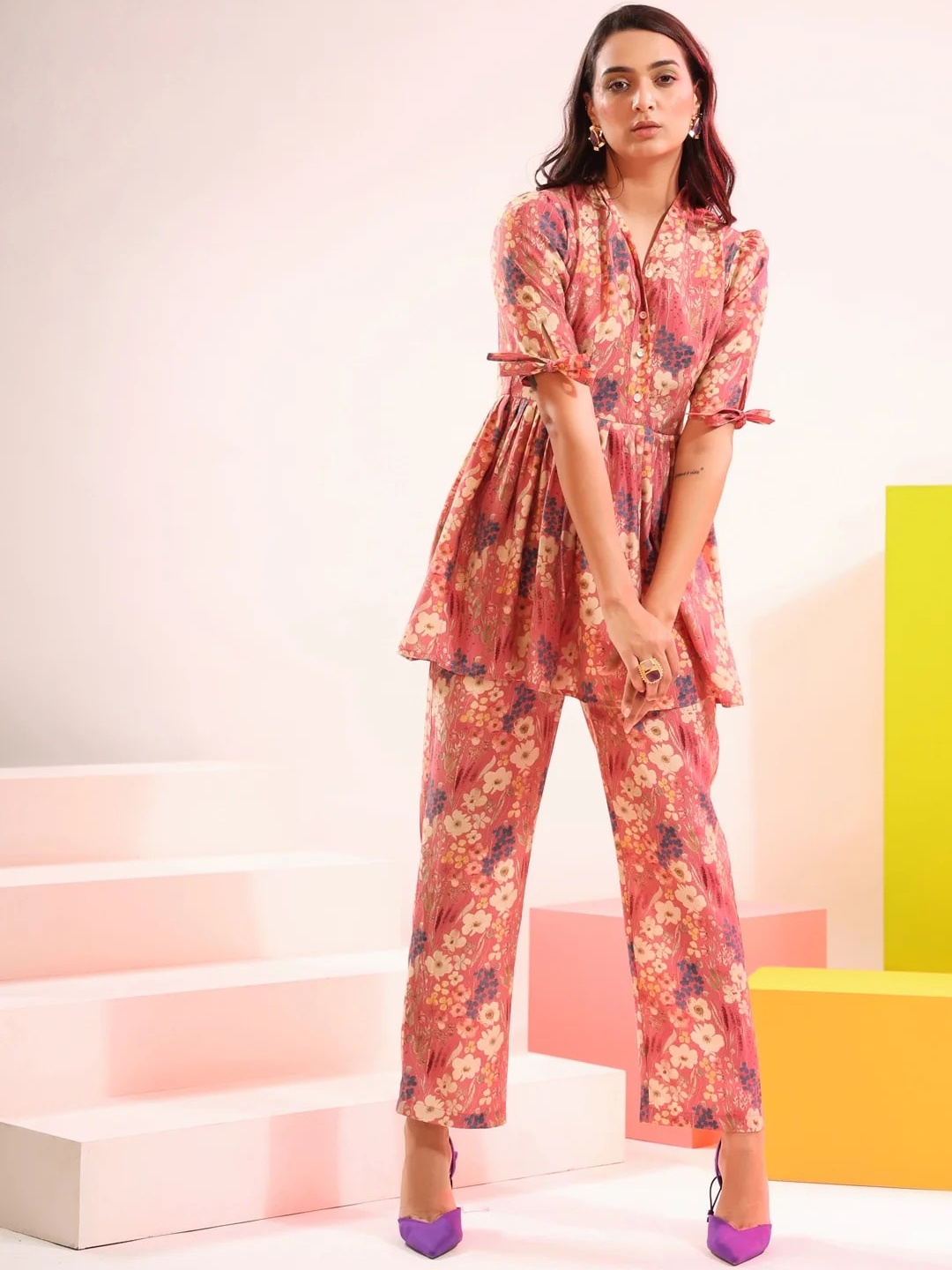 

Civamee Floral Printed V-Neck Tunic With Trouser, Pink