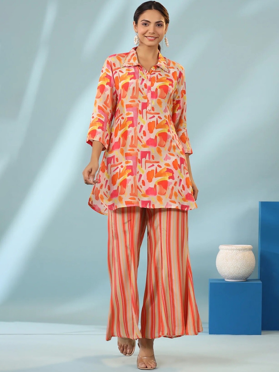 

Civamee Abstract Printed Shirt Collar Tunic With Palazzos, Orange