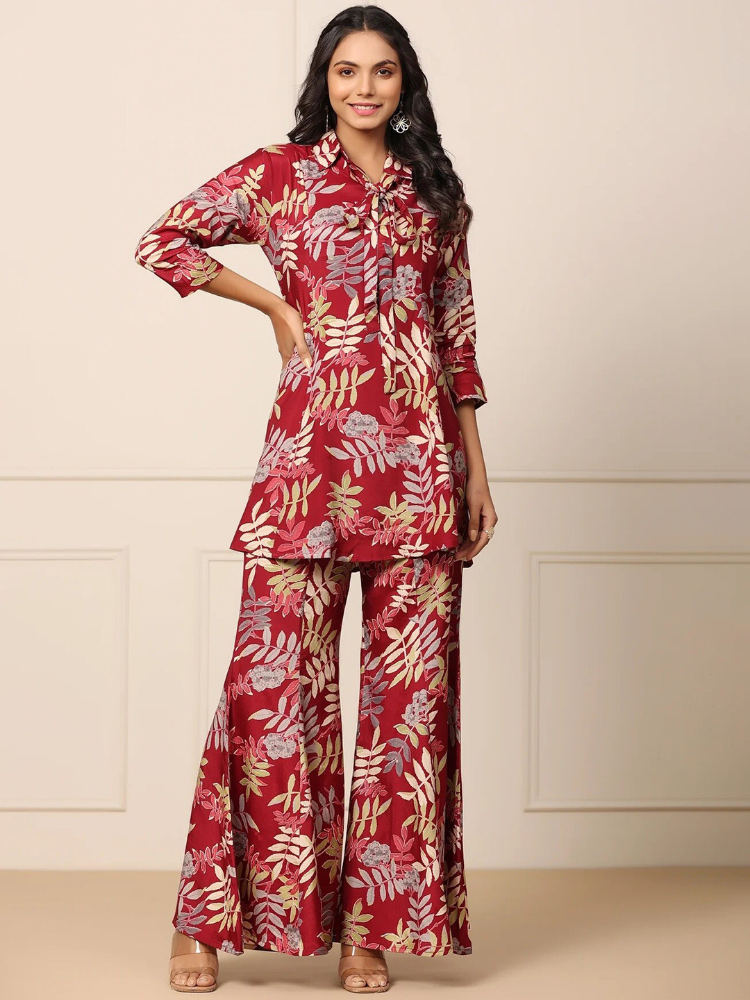 

Civamee Floral Printed Shirt Collar Tunic & Palazzos Co-Ords, Red