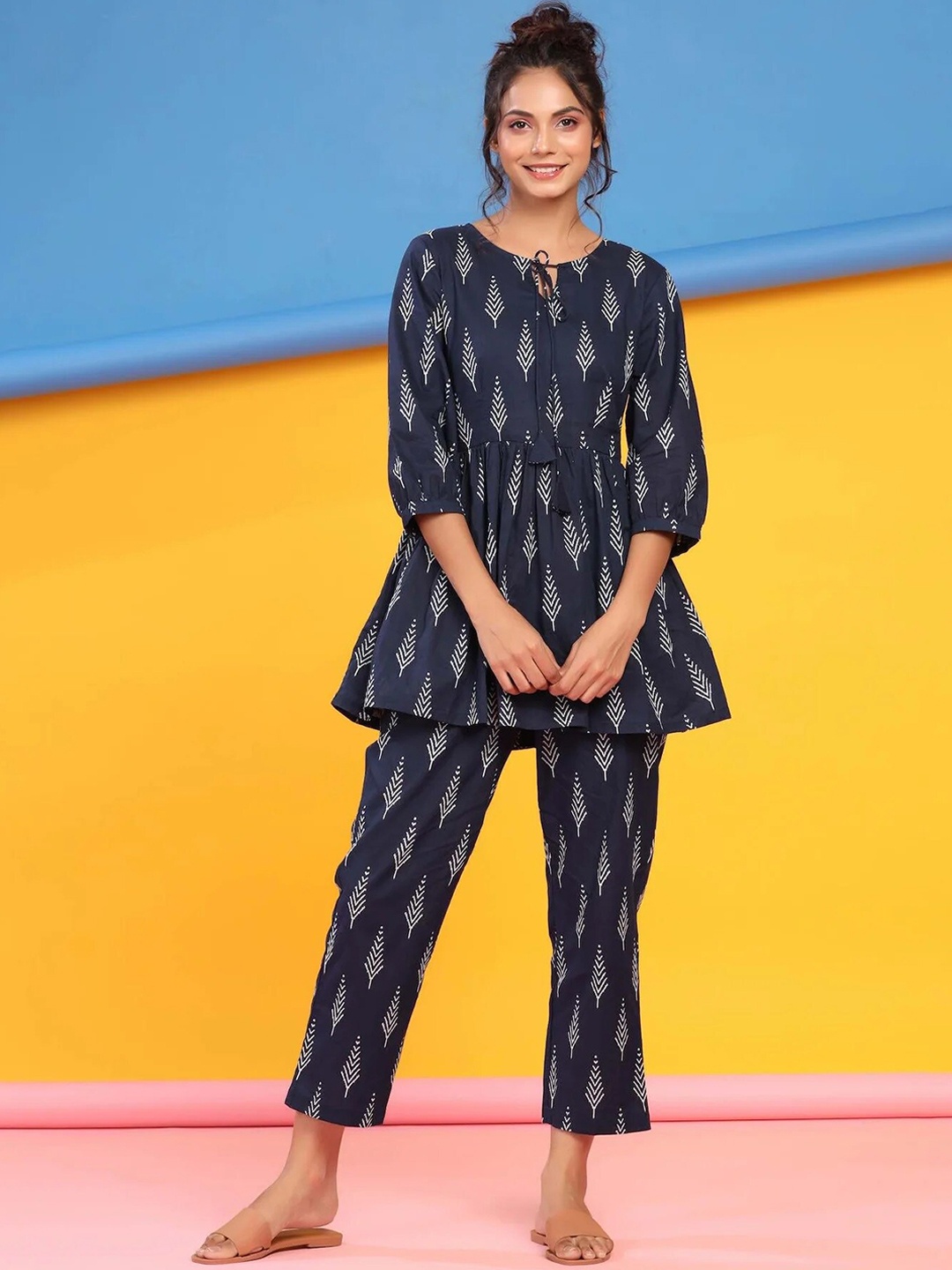 

Civamee Printed Tie-Up Neck Tunic With Trouser, Navy blue