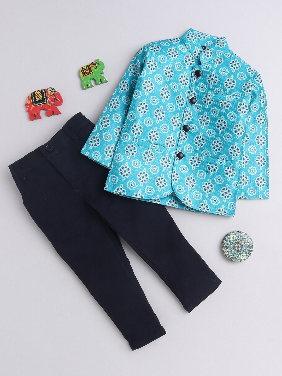 

Lil homies Boys Printed Bandhgala 2 Piece Party Suits, Turquoise blue