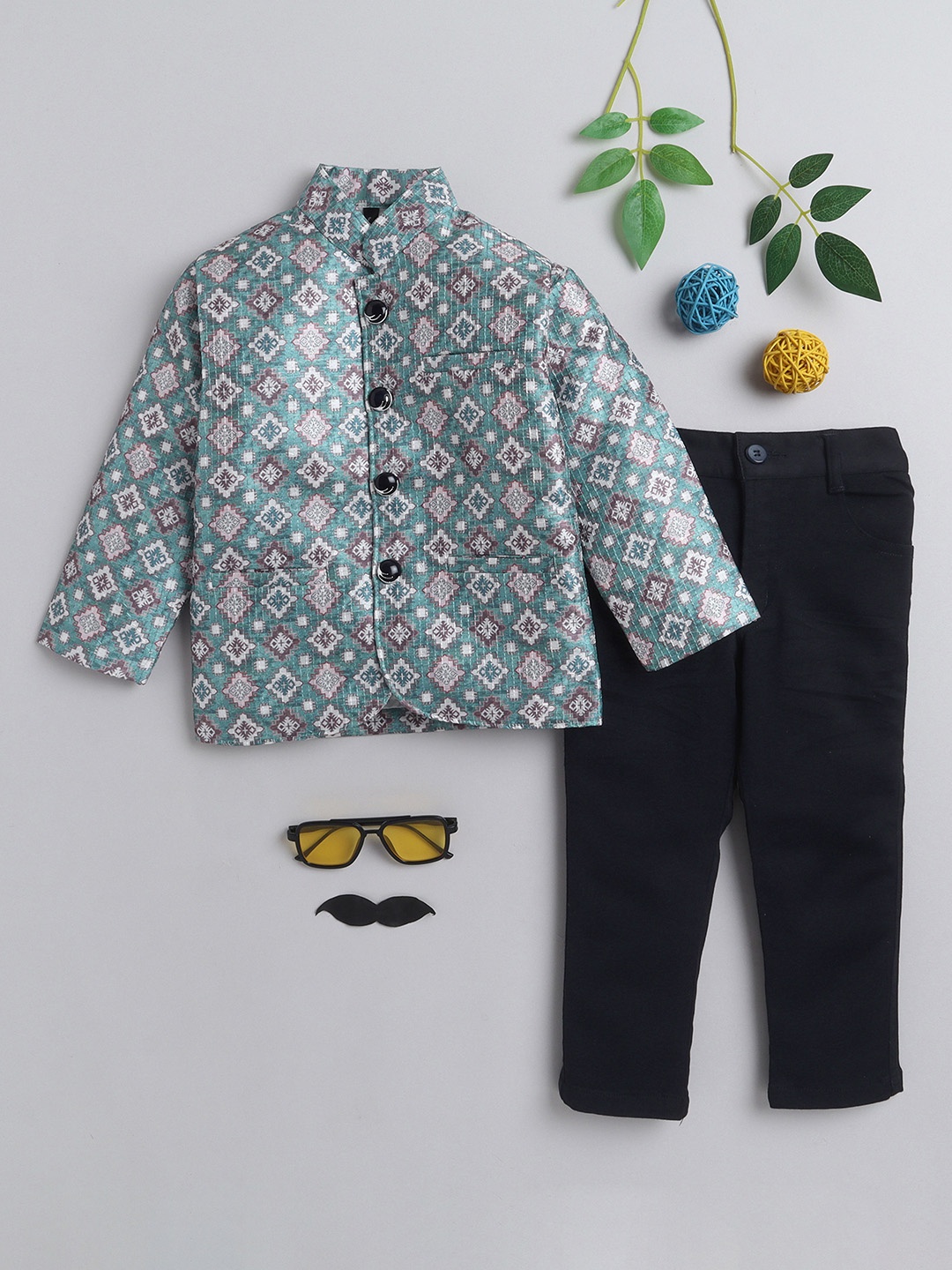 

Lil homies Boys Printed Bandhgala 2 Piece Party Suits, Teal