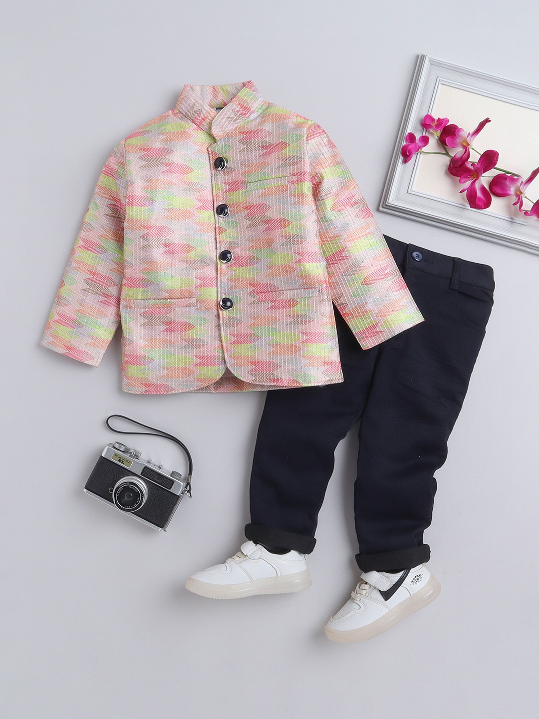 

Lil homies Boys Printed Bandhgala 2 Piece Party Suits, Peach