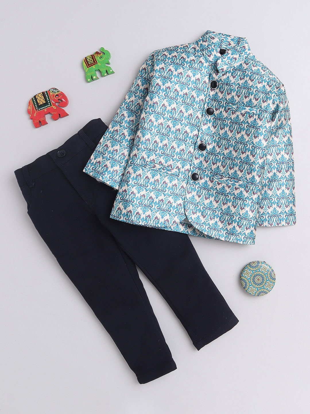 

Lil homies Boys Printed Bandhgala 2 Piece Party Suits, Blue