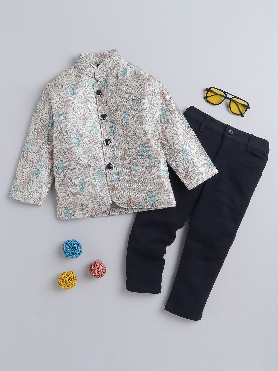 

Lil homies Boys Printed Bandhgala 2 Piece Party Suits, Beige