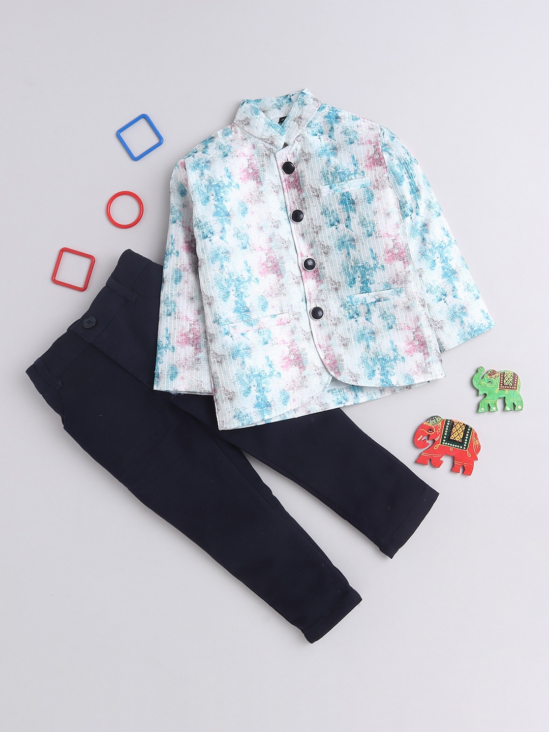 

Lil homies Boys Printed Bandhgala 2 Piece Party Suits, Teal