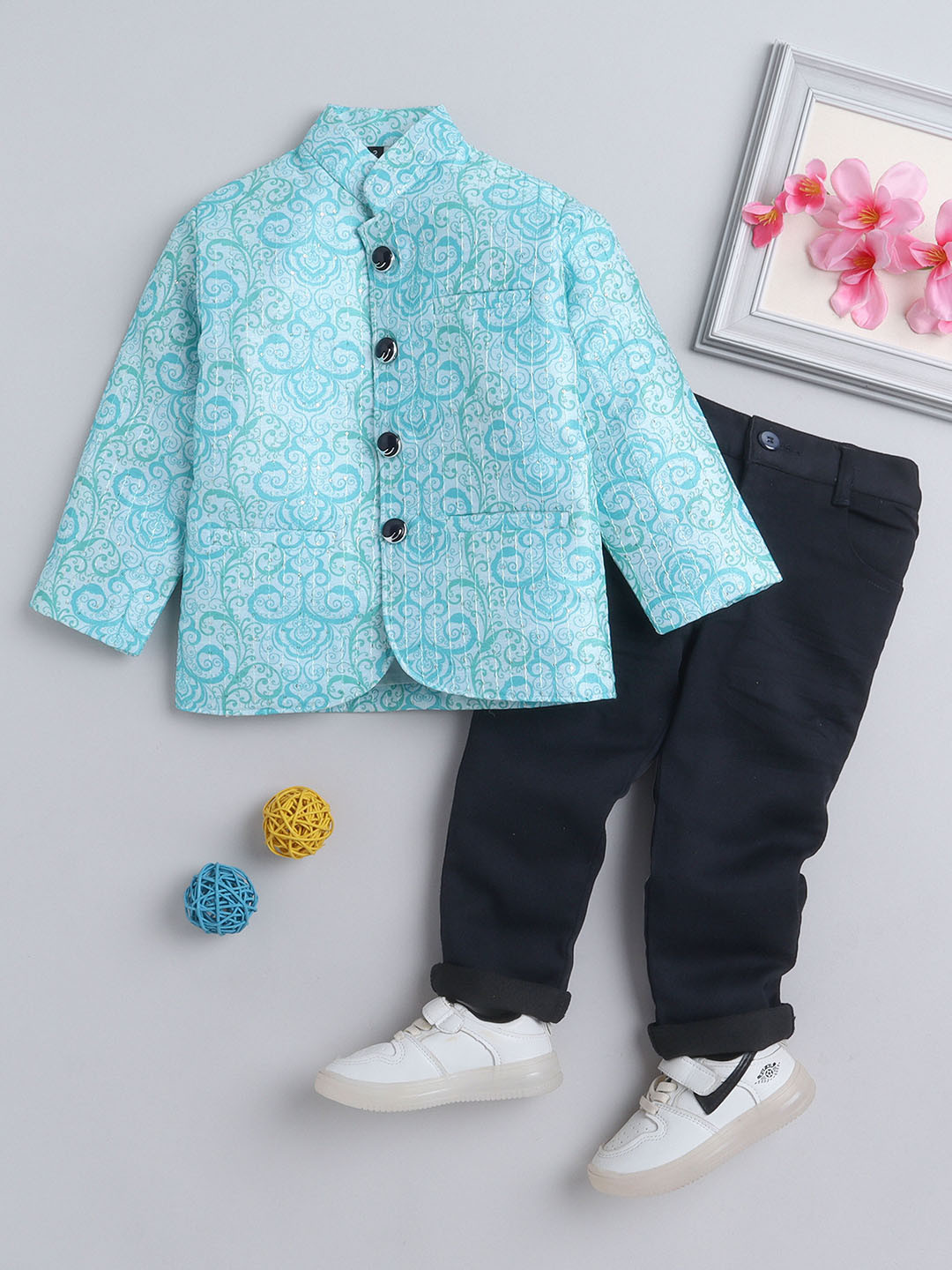 

Lil homies Boys Printed Bandhgala 2 Piece Party Suits, Turquoise blue