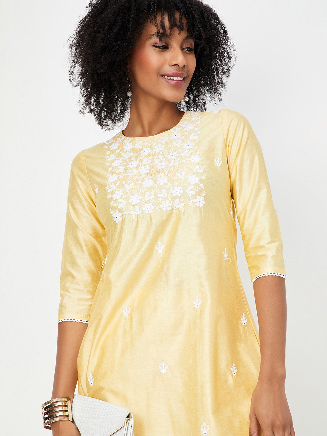 

max Women Floral Embroidered Regular Thread Work Kurta with Palazzos, Yellow