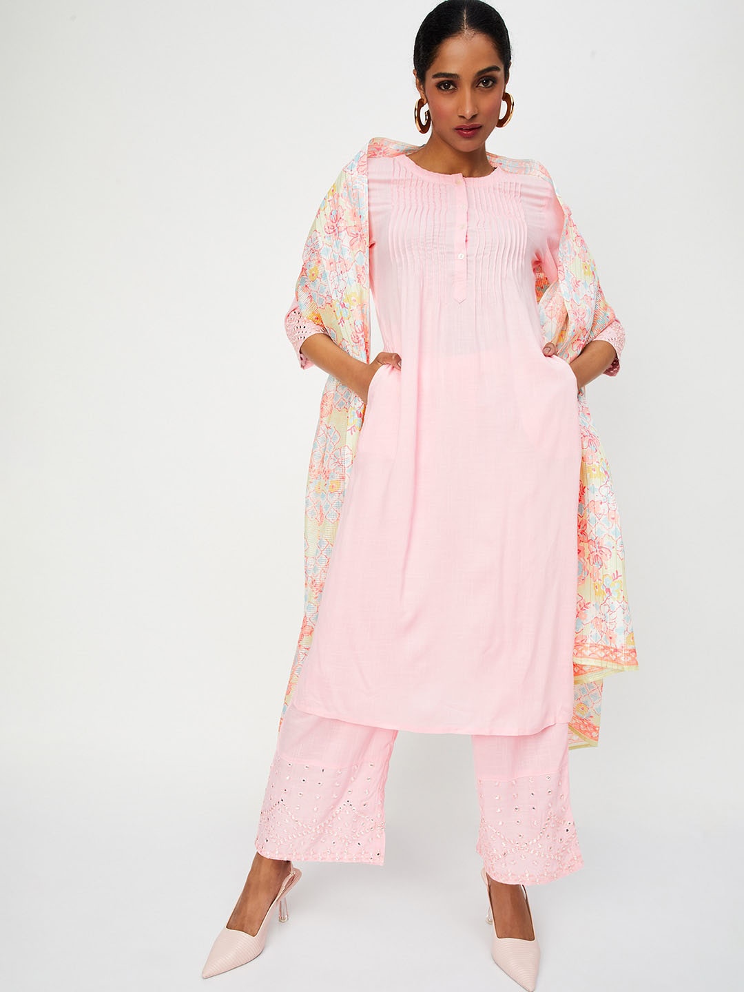

max Round Neck PinTucks Straight Kurta with Palazzos & Dupatta, Pink