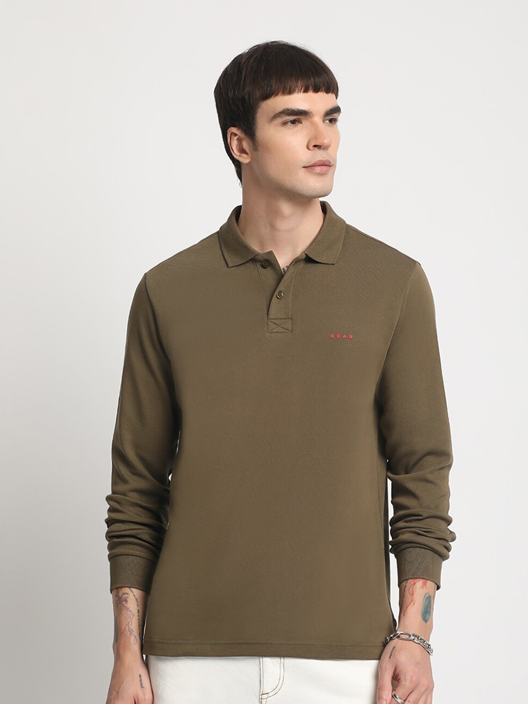 

THE BEAR HOUSE Polo Collar Long Sleeves Ribbed Cotton Slim Fit T-shirt, Green