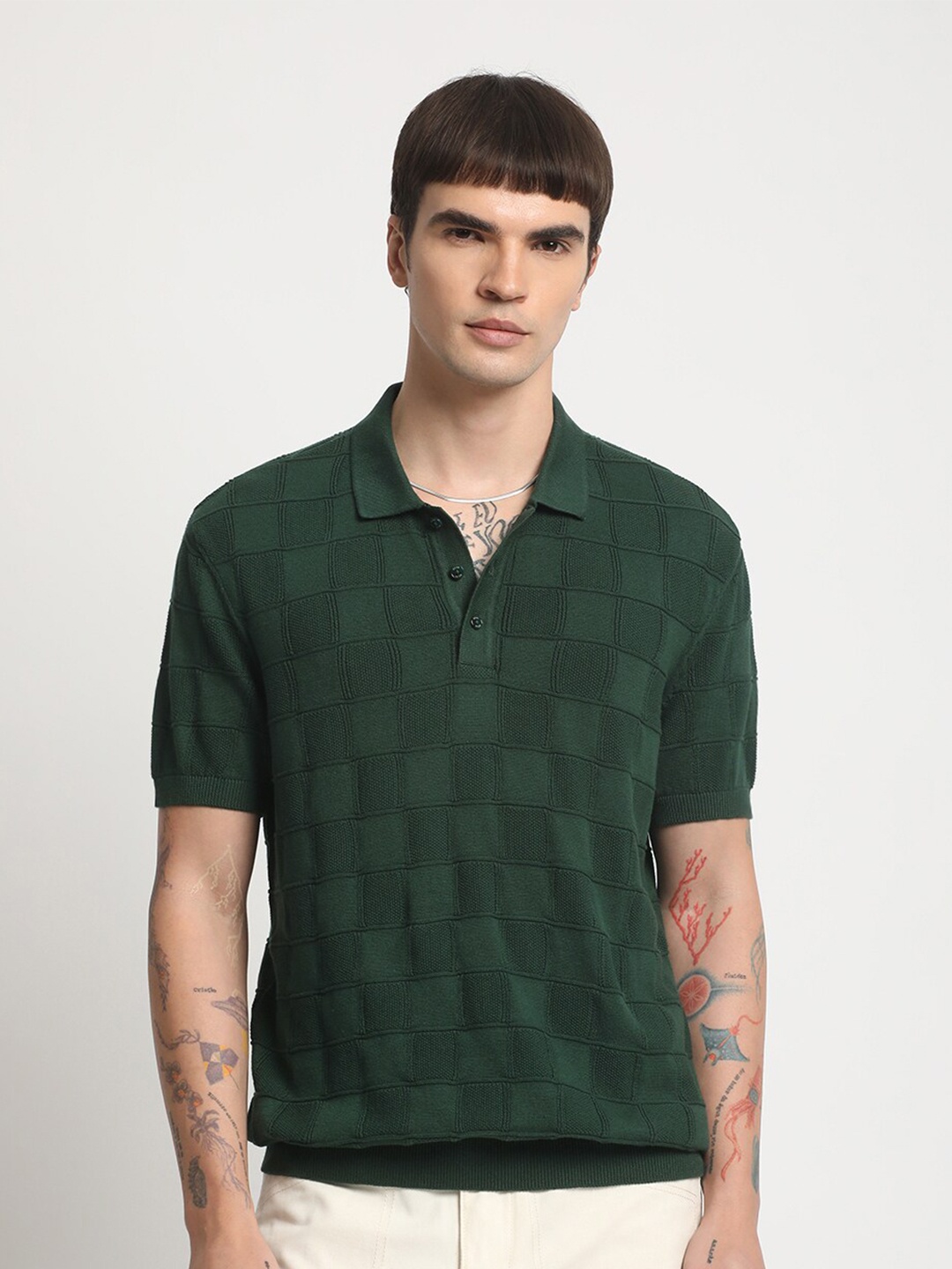 THE BEAR HOUSE Checked Polo Collar Cotton T-shirt