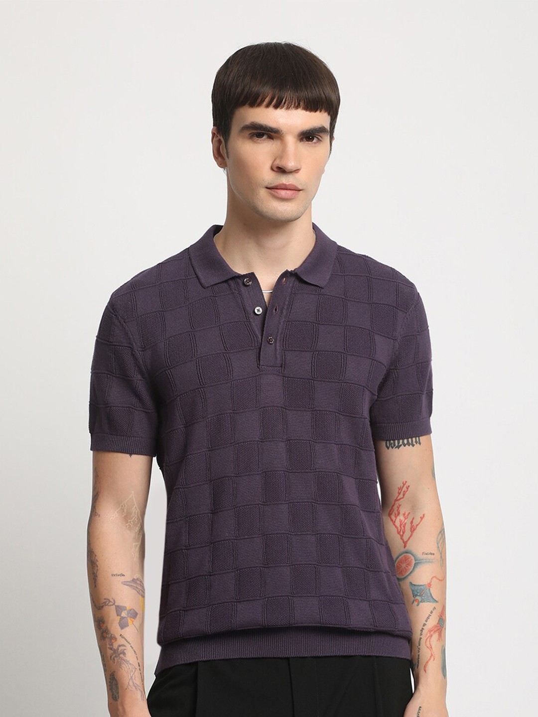 

THE BEAR HOUSE Checked Polo Collar Cotton T-shirt, Purple