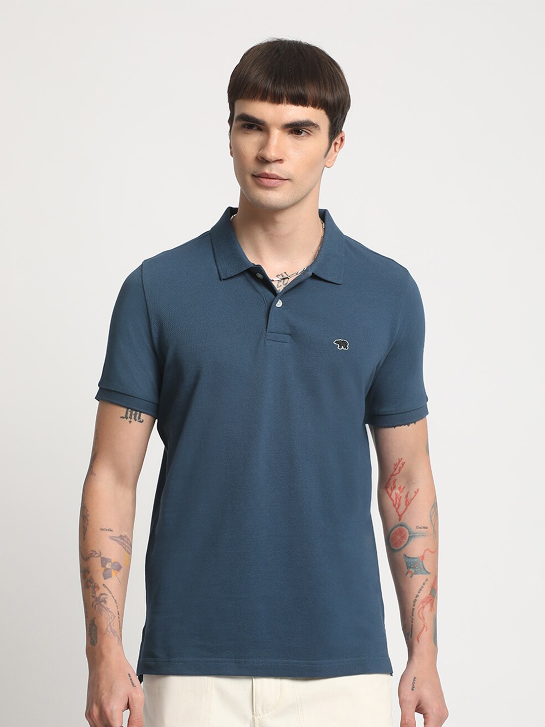 

THE BEAR HOUSE Slim Fit Polo Collar Cotton T-shirt, Blue