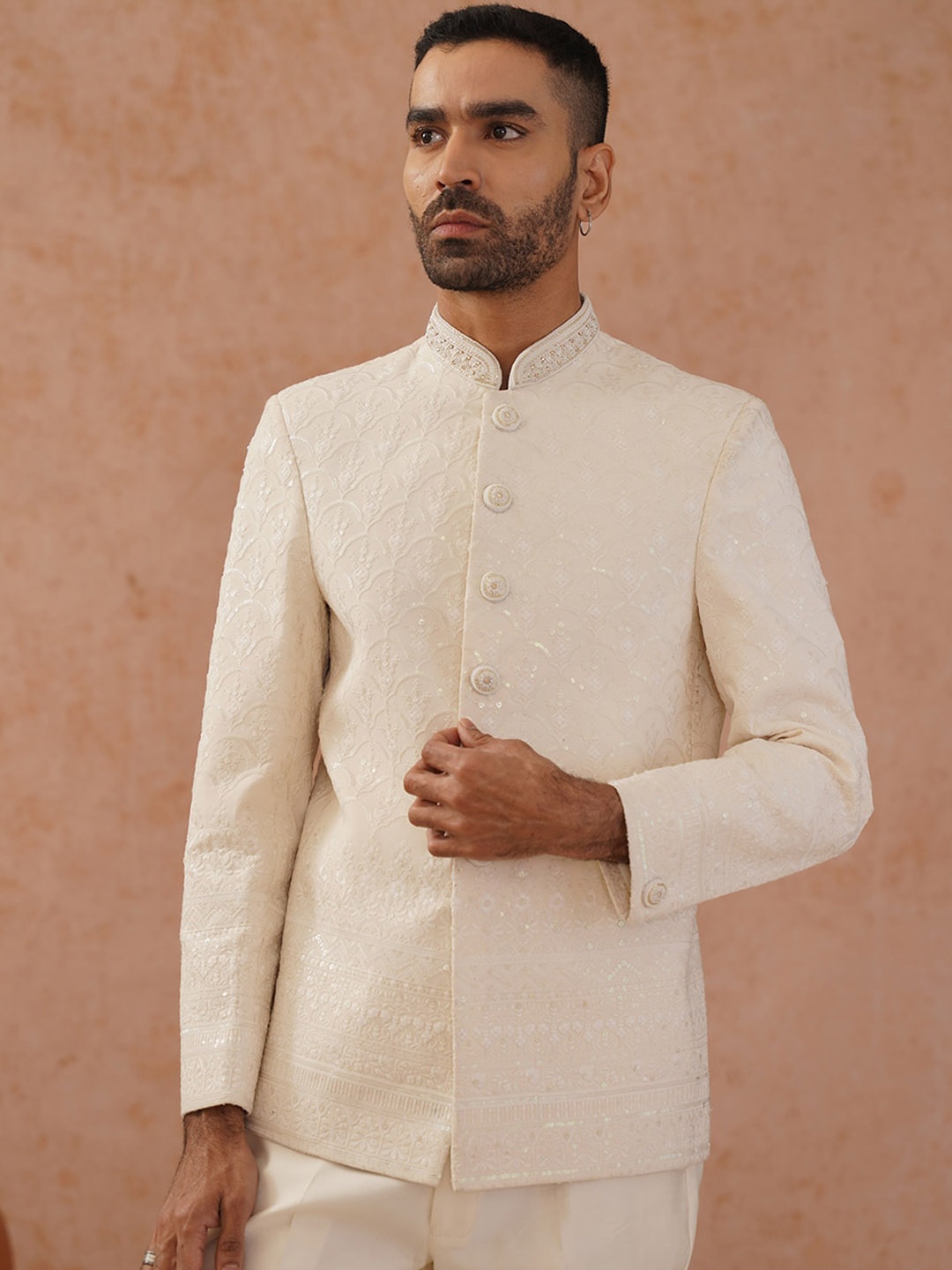 

KALPRAAG Self Design Single Breasted Bandhgala Jodhpuri Blazers, Cream