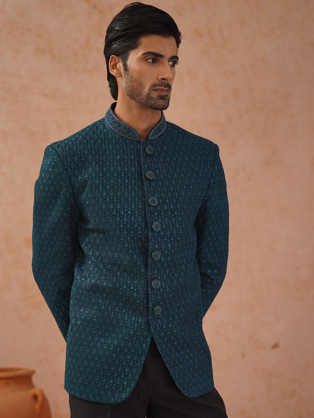 

KALPRAAG Self Design Single Breasted Bandhgala, Blue
