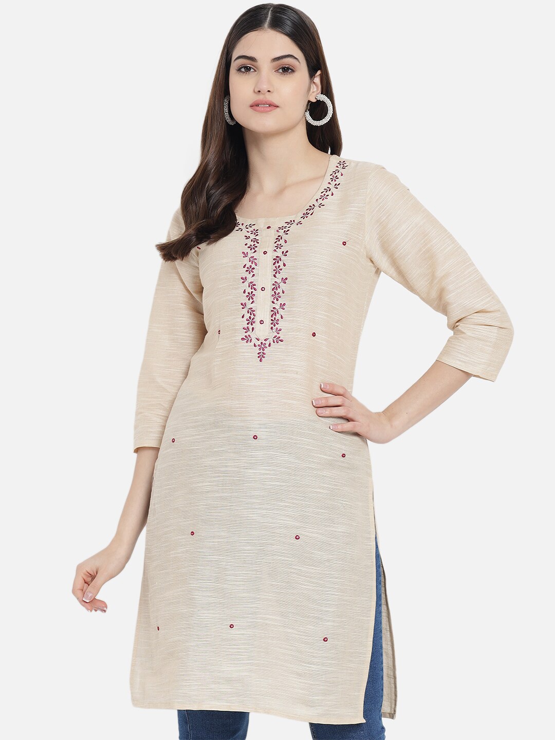 

AAYUMI Floral Embroidered Round Neck Thread Work Straight Kurta, Cream