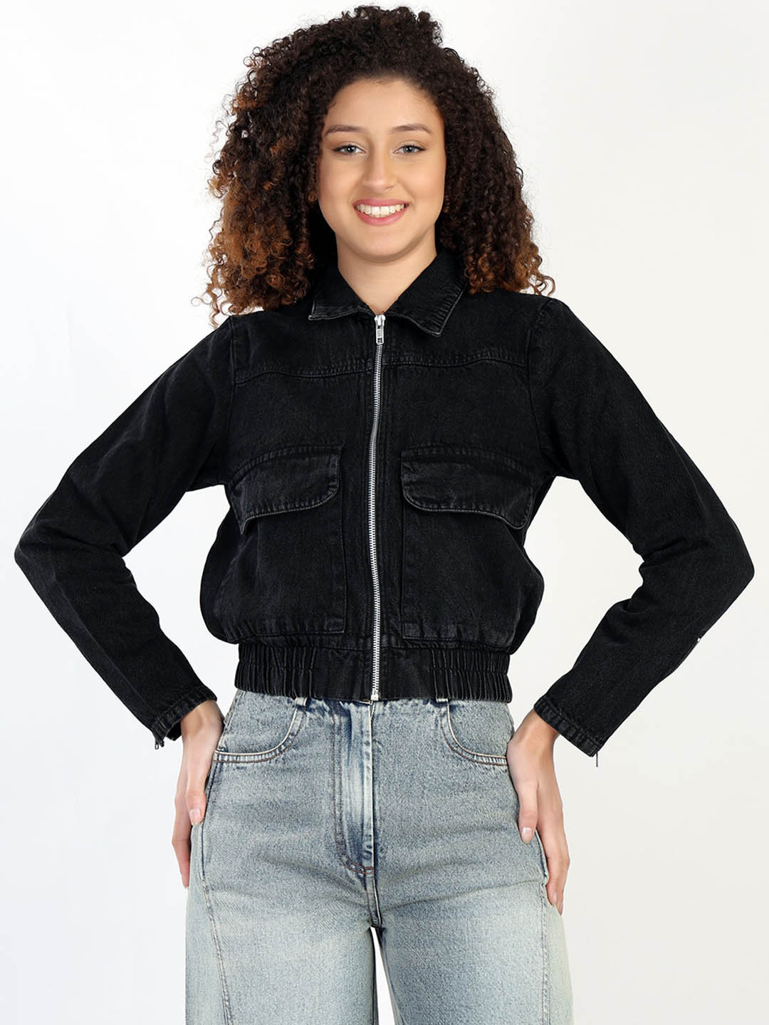 

Chemistry Washed Spread Collar Crop Denim Jacket, Black