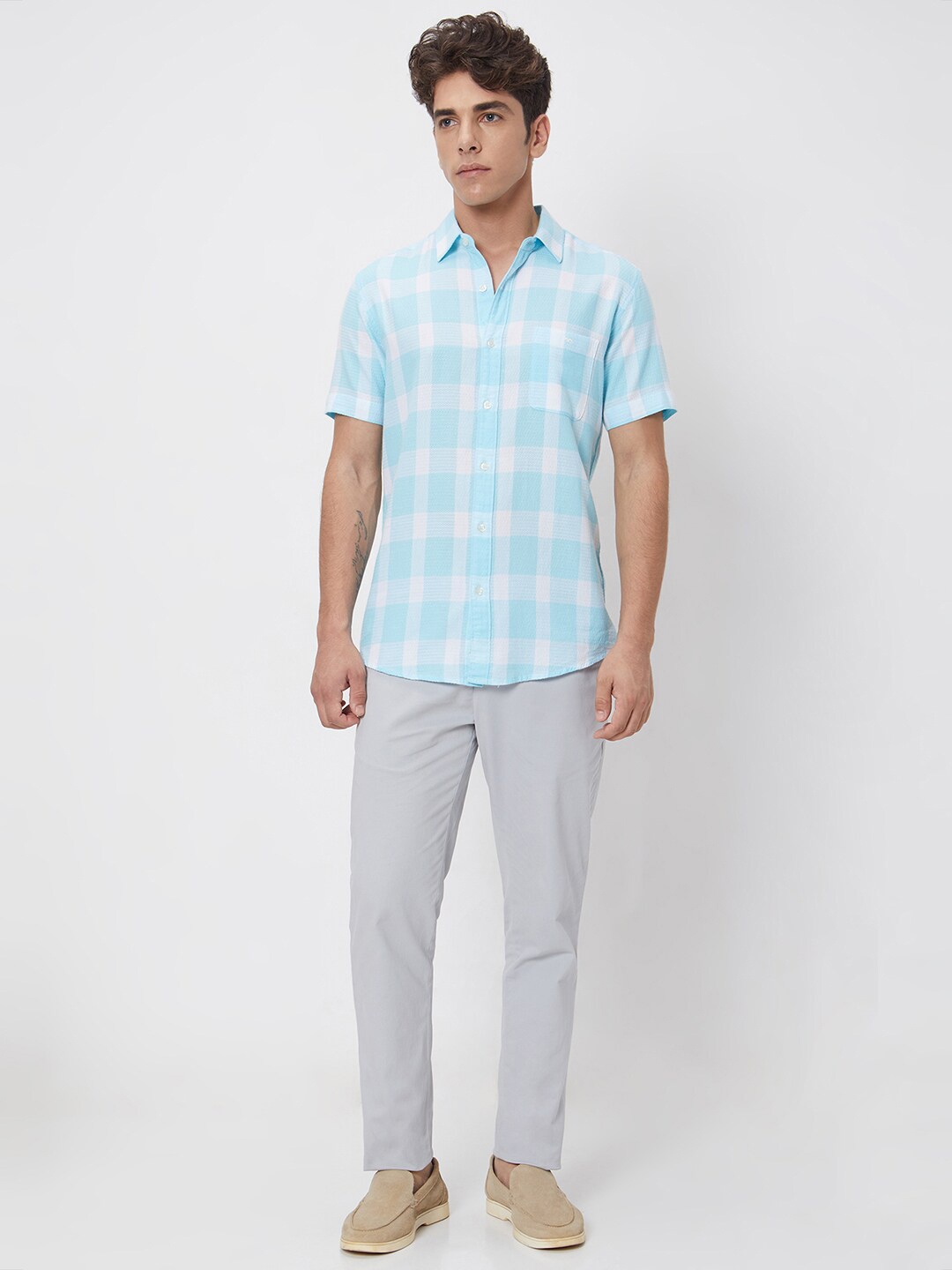 

Mufti Slim Fit Gingham Checks Cotton Casual Shirt, Blue