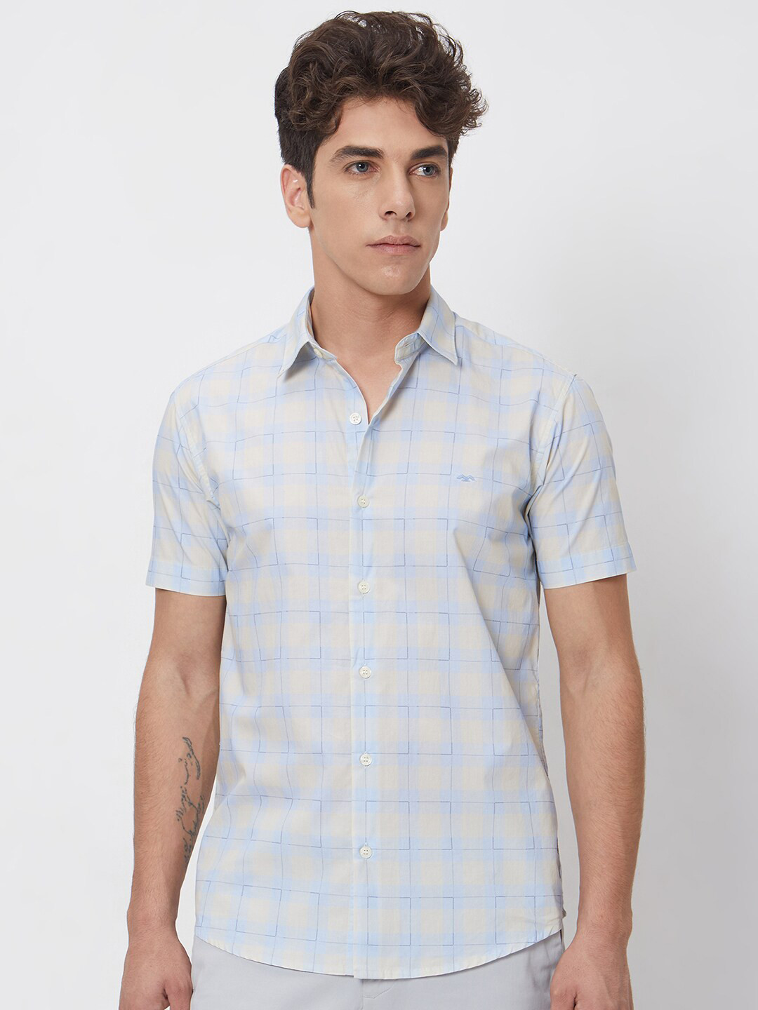 

Mufti Checked Spread Collar Slim Fit Opaque Cotton Casual Shirt, Blue