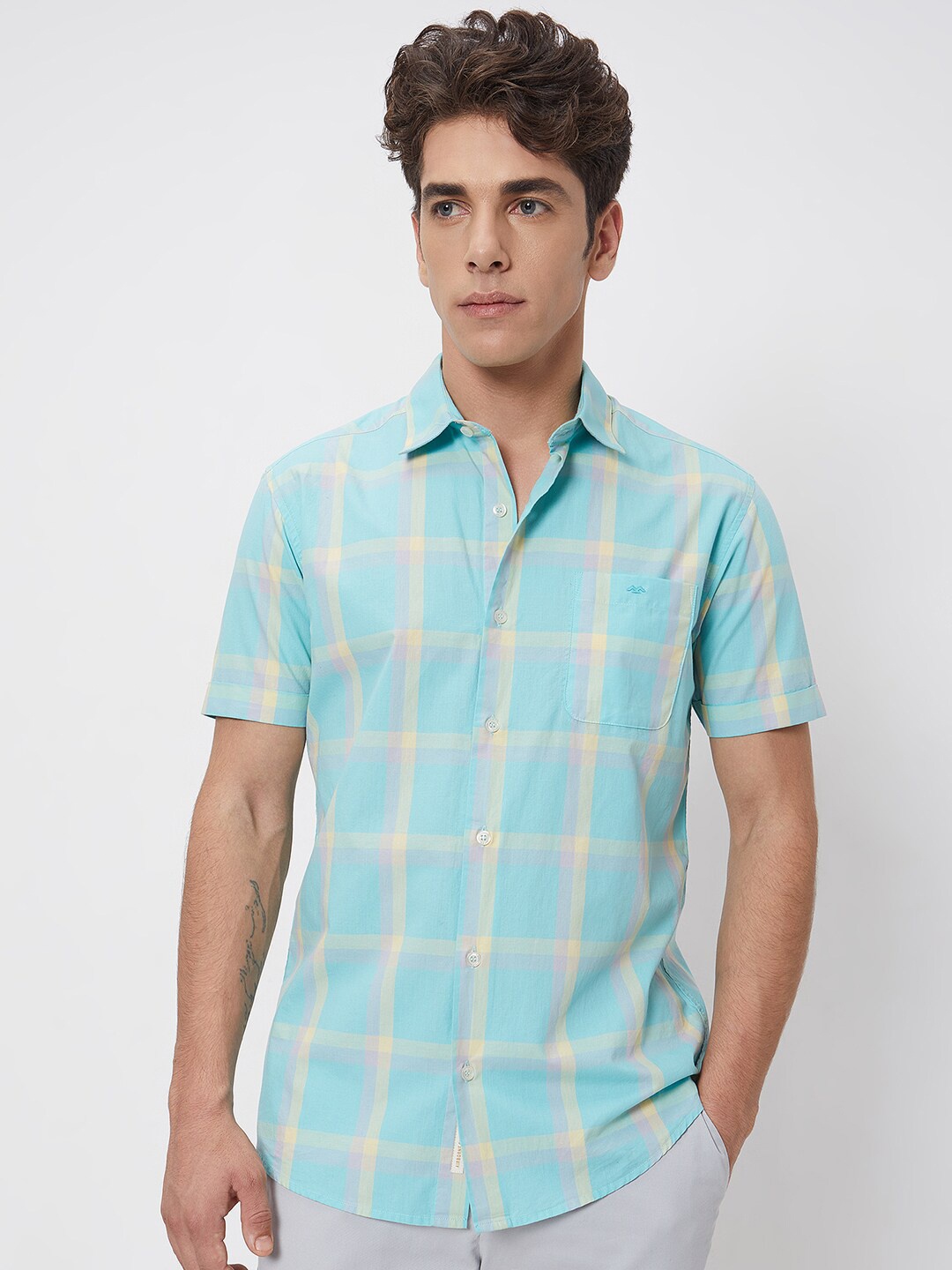 

Mufti Spread Collar Slim Fit Opaque Checked Cotton Casual Shirt, Blue