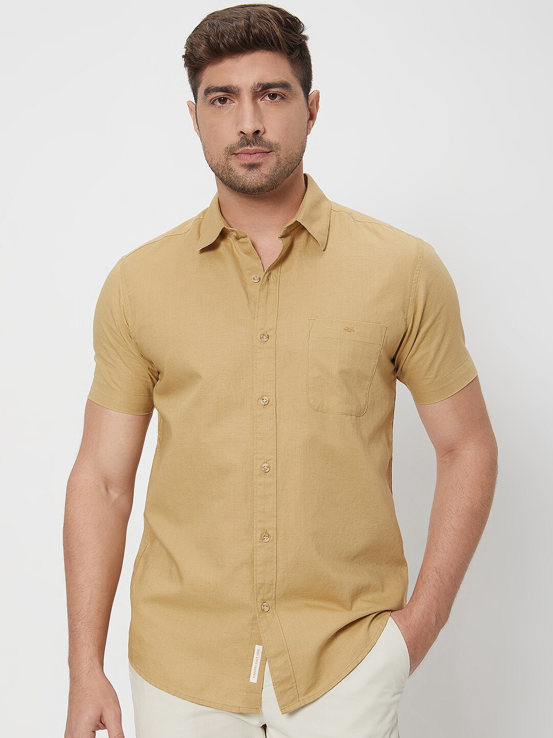 

Mufti Spread Collar Slim Fit Opaque Cotton Casual Shirt, Khaki