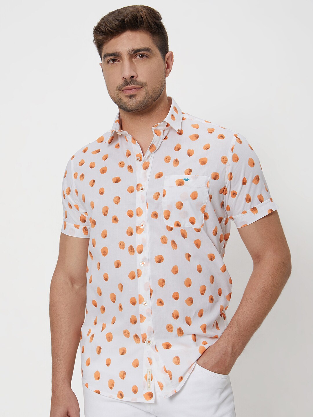 

Mufti Slim Fit Opaque Printed Cotton Casual Shirt, Orange