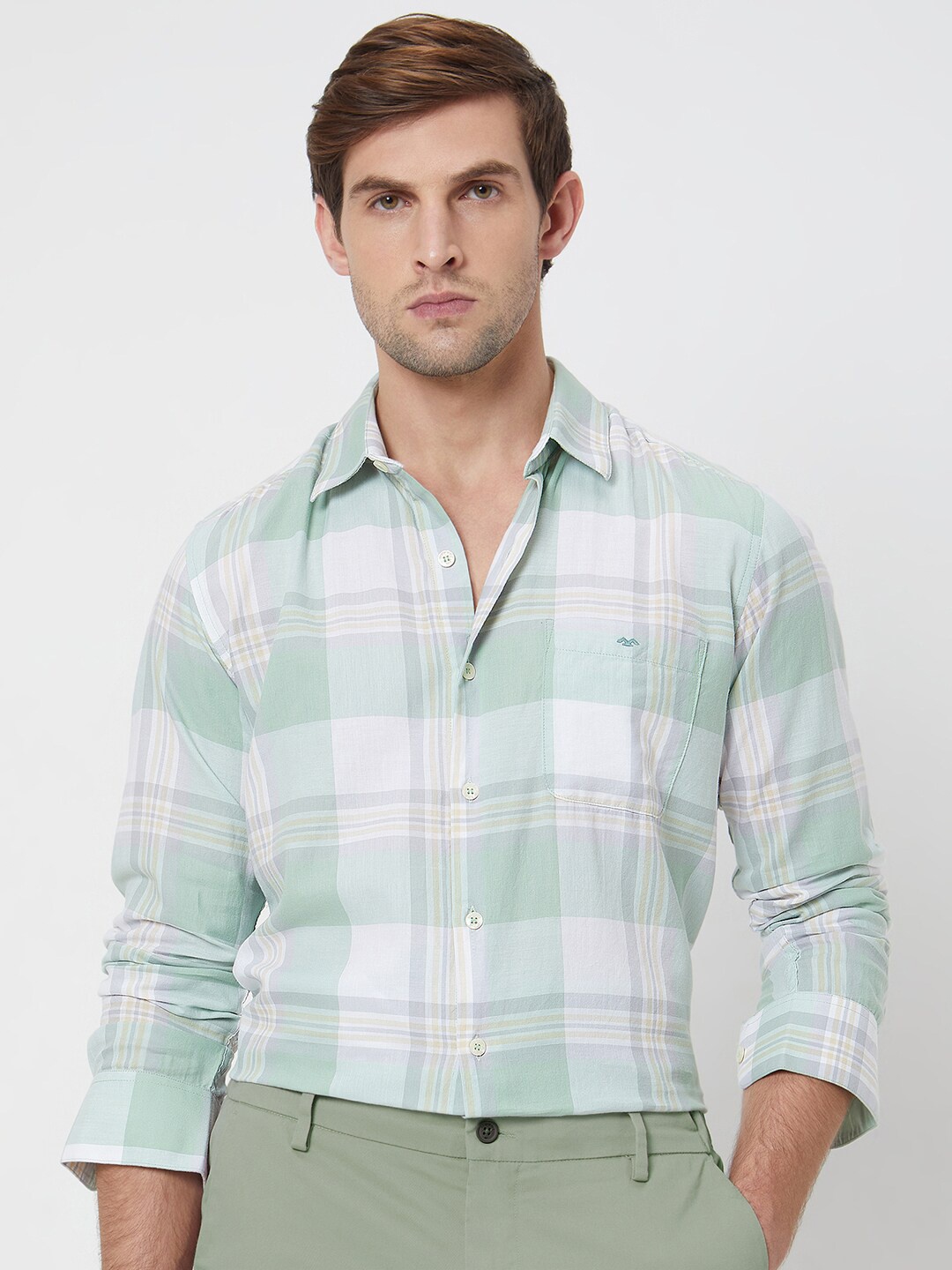 

Mufti Slim Fit Tartan Checks Opaque Cotton Casual Shirt, Green