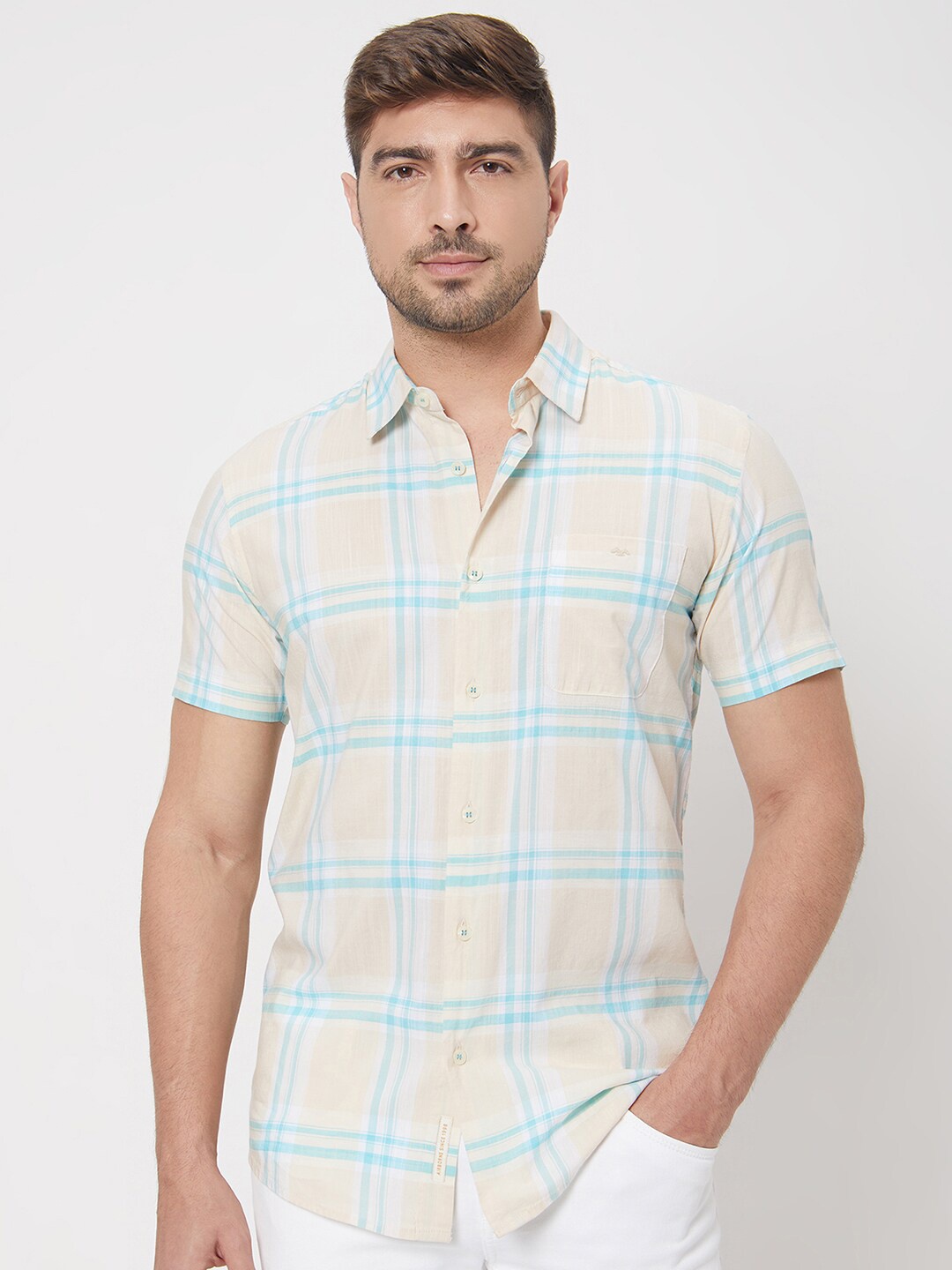 

Mufti Slim Fit Tartan Checked Short Sleeves Cotton Casual Shirt, Beige