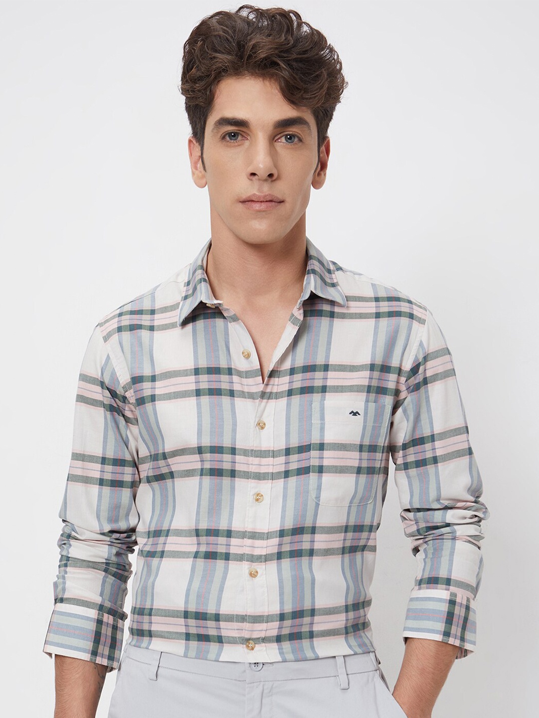 

Mufti Slim Fit Tartan Checked Cotton Casual Shirt, Beige