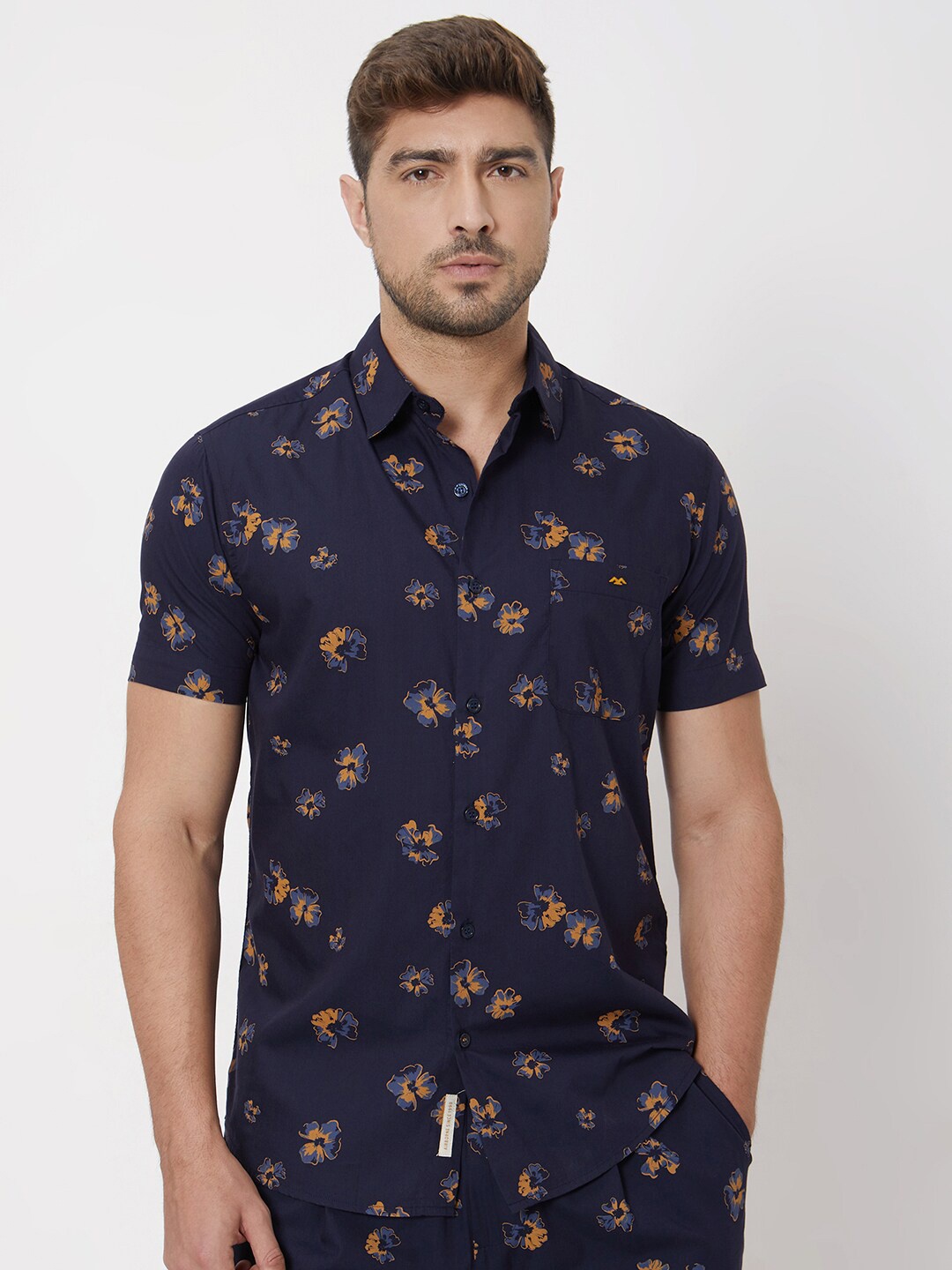 

Mufti Floral Printed Slim Fit Cotton Casual Shirt, Navy blue