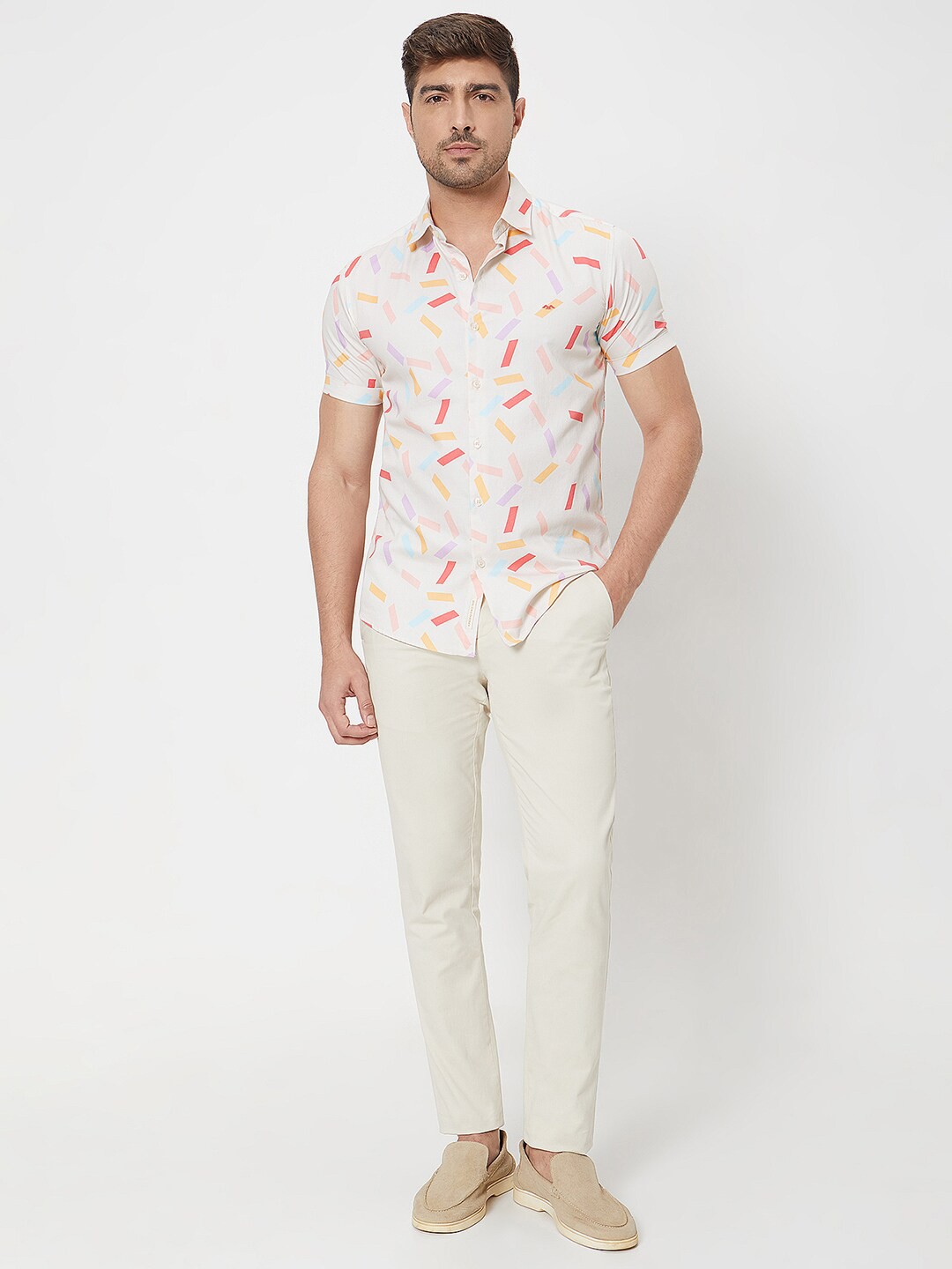 

Mufti ss-24 Slim Fit Geometric Printed Spread Collar Short Sleeves Cotton Casual Shirt, White