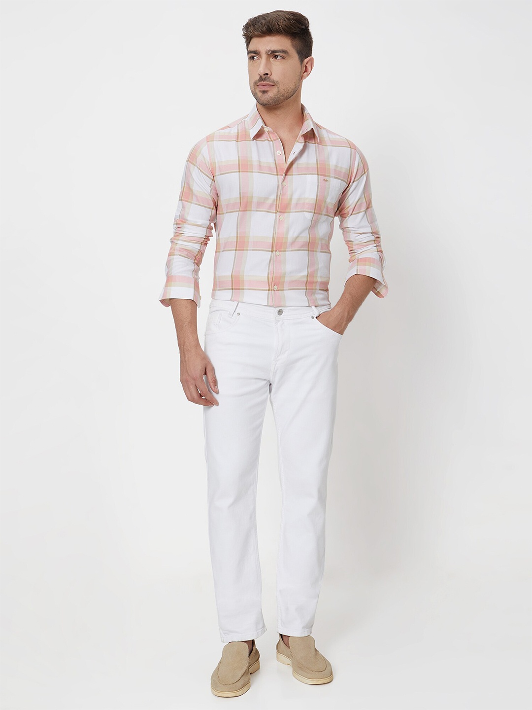 

Mufti Slim Fit Tartan Checked Casual Cotton Shirt, Peach