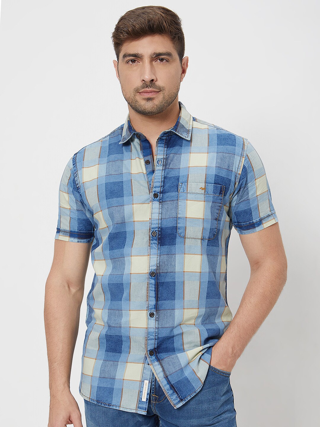 

Mufti Slim Fit Tartan Checked Short Sleeves Cotton Casual Shirt, Blue