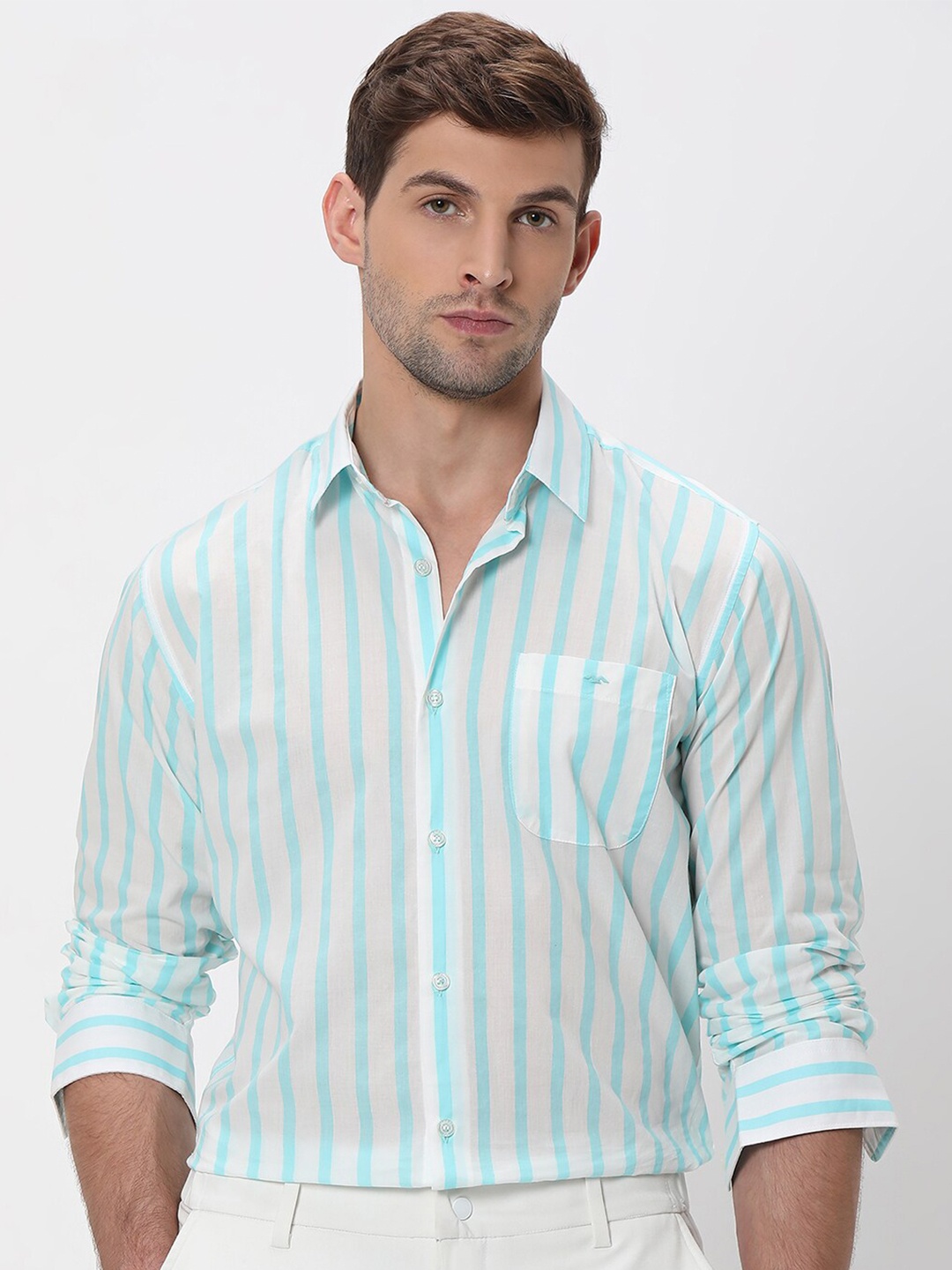 

Mufti ss-24 Slim Fit Vertical Striped Spread Collar Long Sleeves Cotton Casual Shirt, Turquoise blue