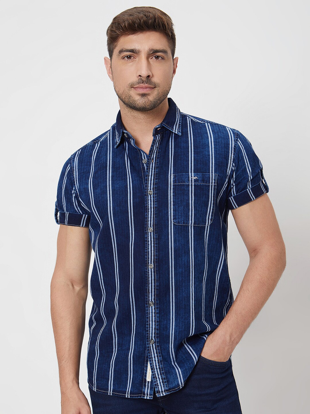 

Mufti Slim Fit Vertical Striped Cotton Casual Shirt, Navy blue