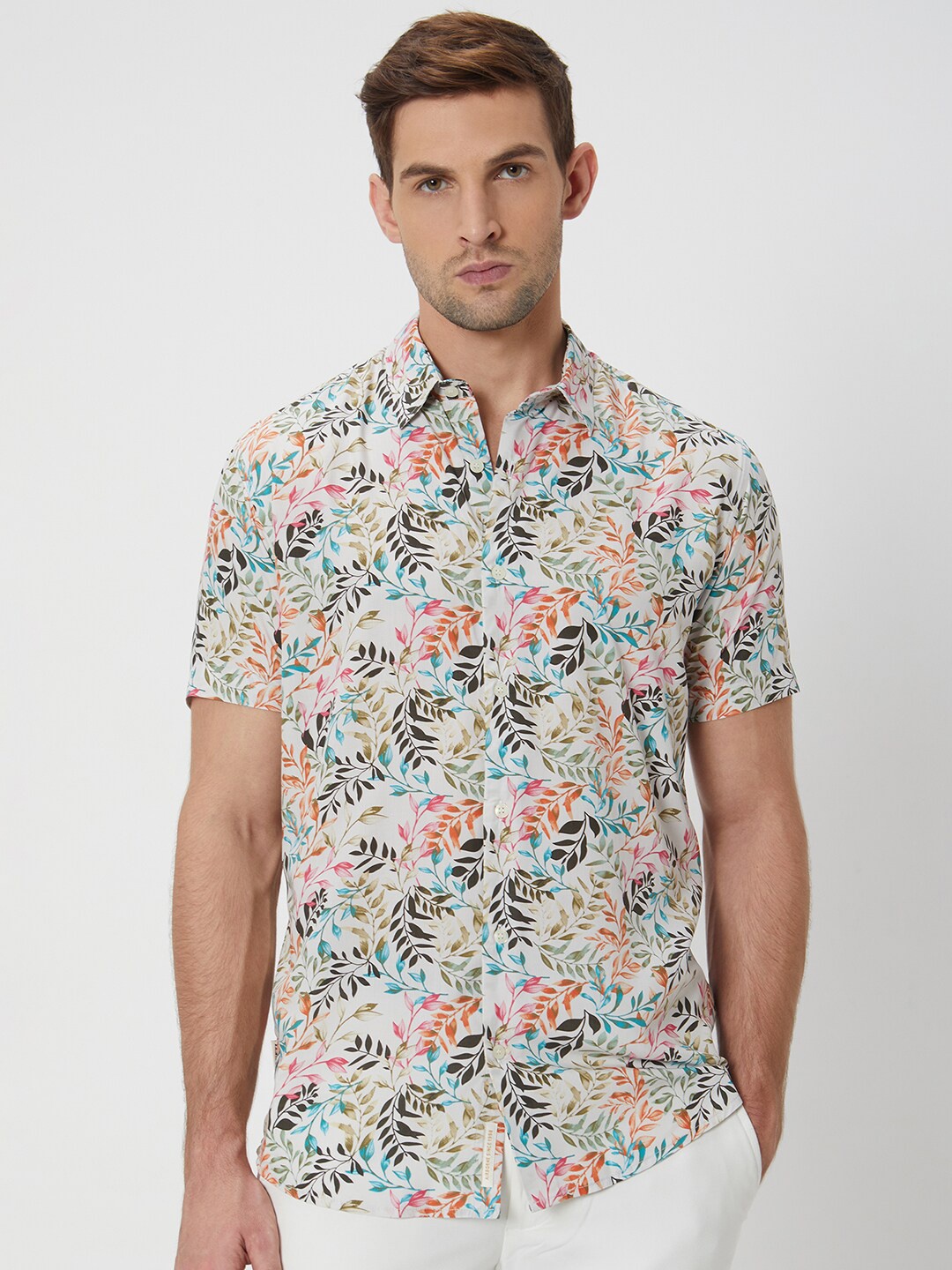 

Mufti ss-24 Slim Fit Floral Printed Spread Collar Short Sleeves Modal Casual Shirt, Off white