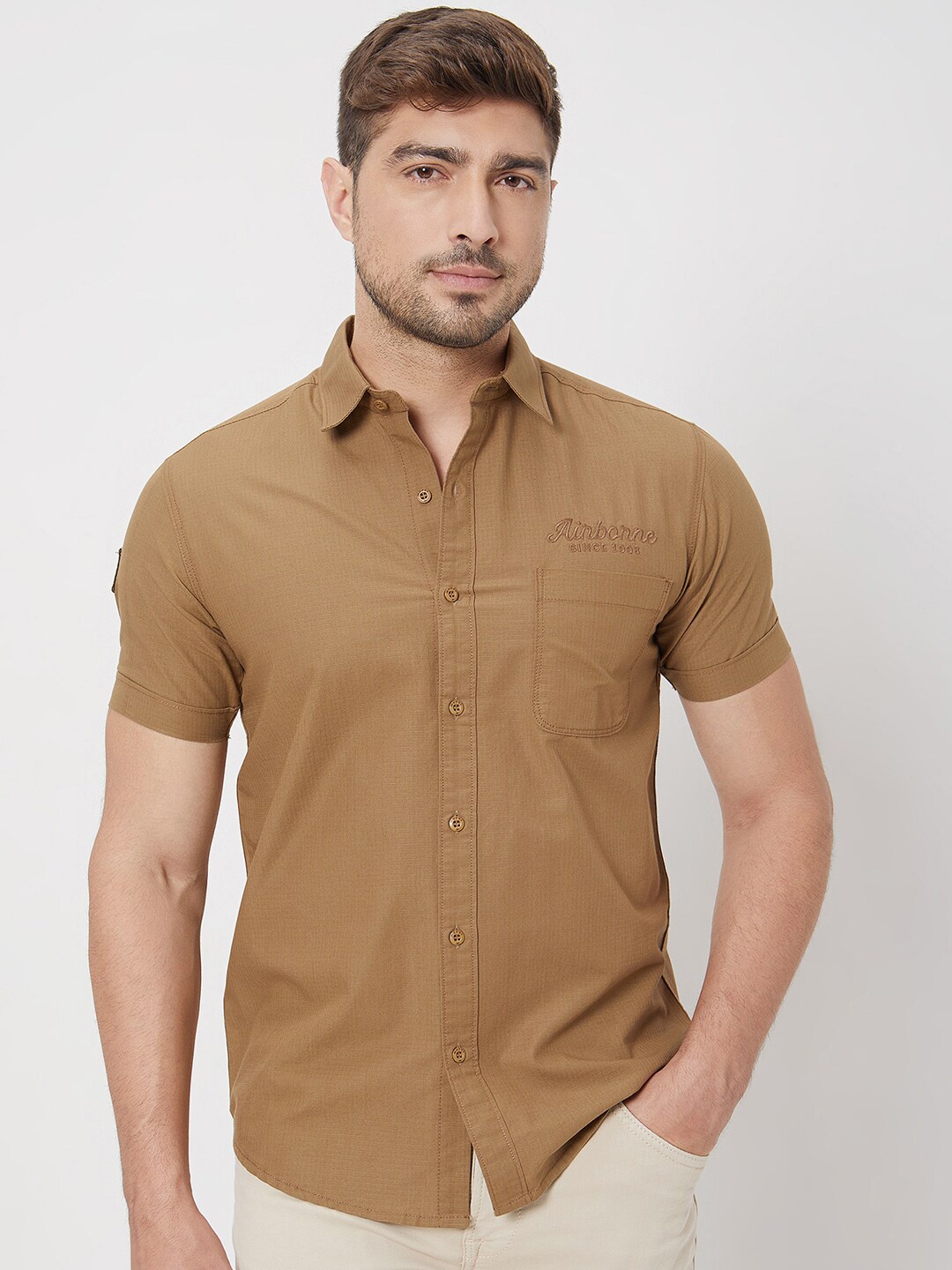 

Mufti ss-24 Slim Fit Spread Collar Short Sleeves Cotton Casual Shirt, Khaki