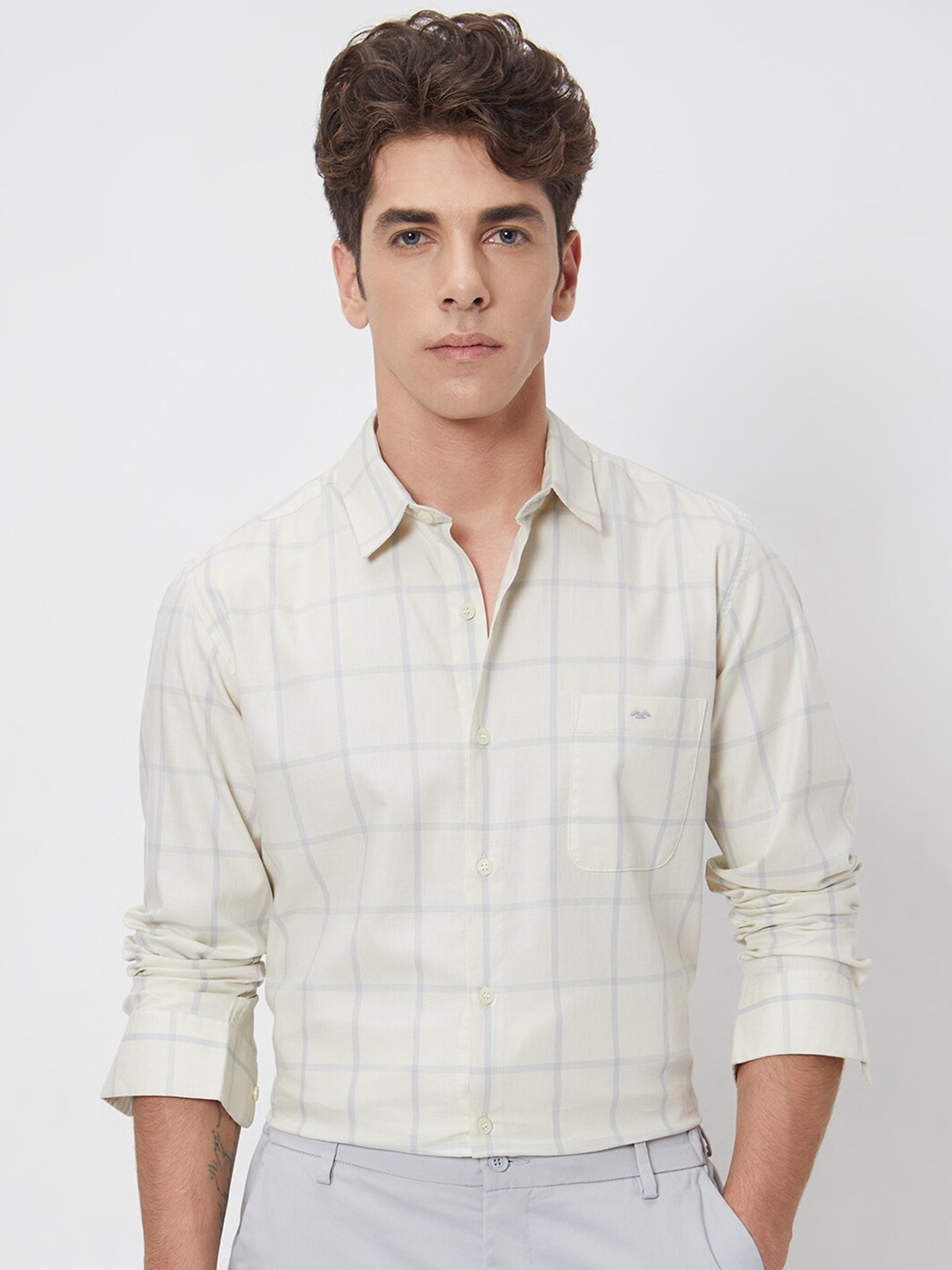 

Mufti Slim Fit Windowpane Checked Cotton Shirt, Beige