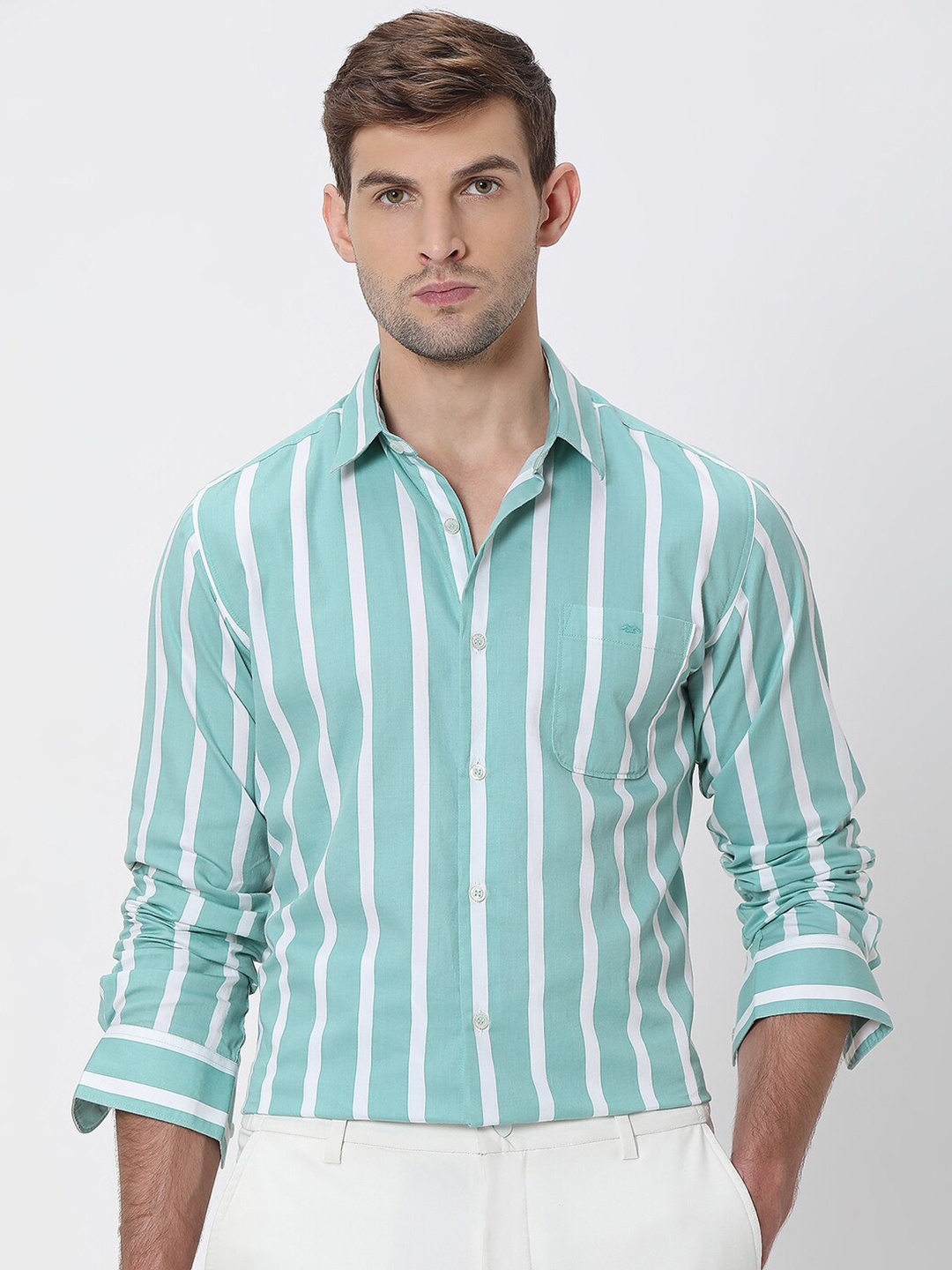 

Mufti Slim Fit Vertical Striped Cotton Casual Shirt, Teal