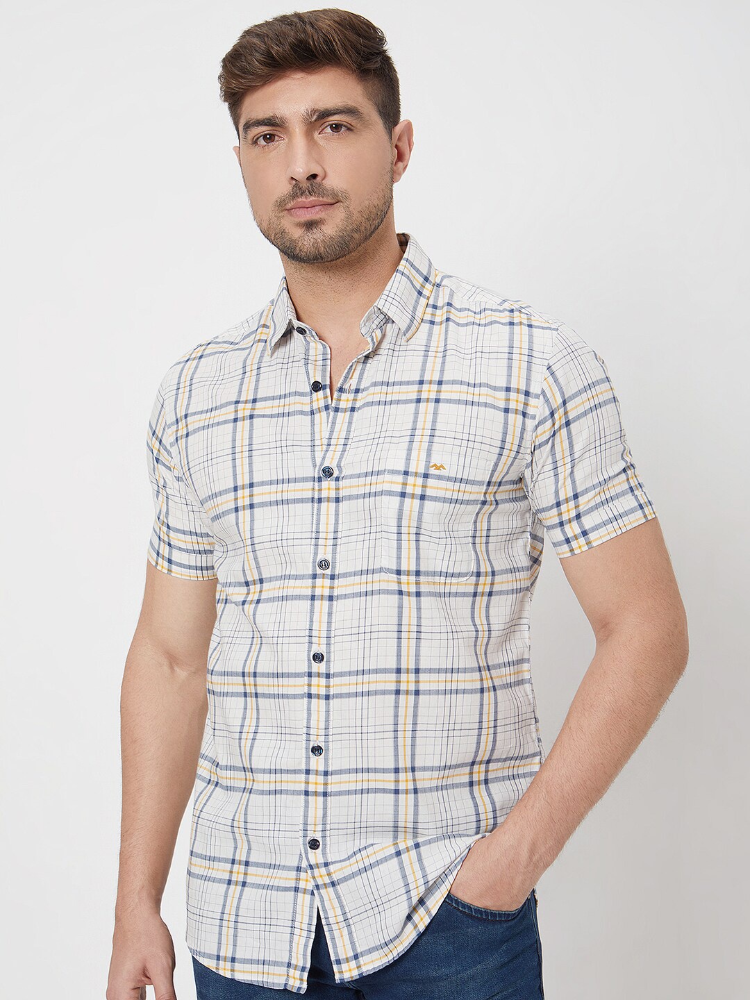 

Mufti ss-24 Slim Fit Tartan Checks Spread Collar Short Sleeves Cotton Casual Shirt, Beige