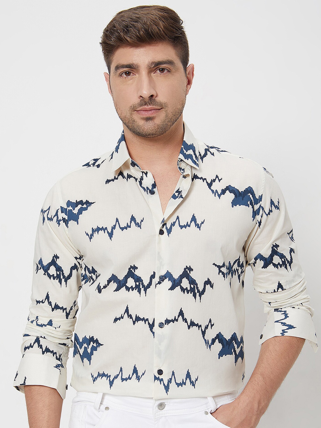 

Mufti ss-24 Slim Fit Abstract Printed Spread Collar Long Sleeves Cotton Casual Shirt, Off white