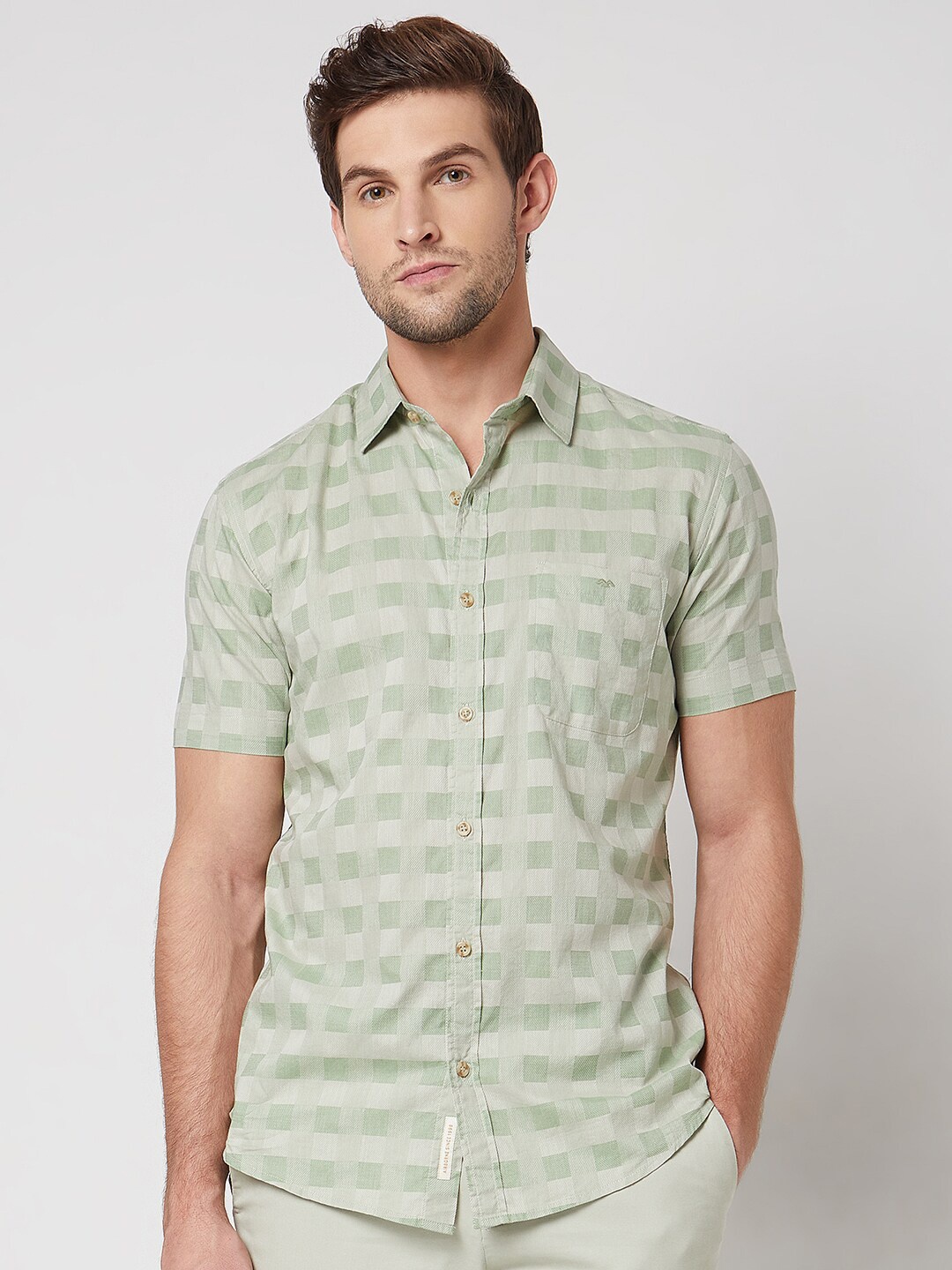 

Mufti Slim Fit Tartan Checked Cotton Casual Shirt, Olive