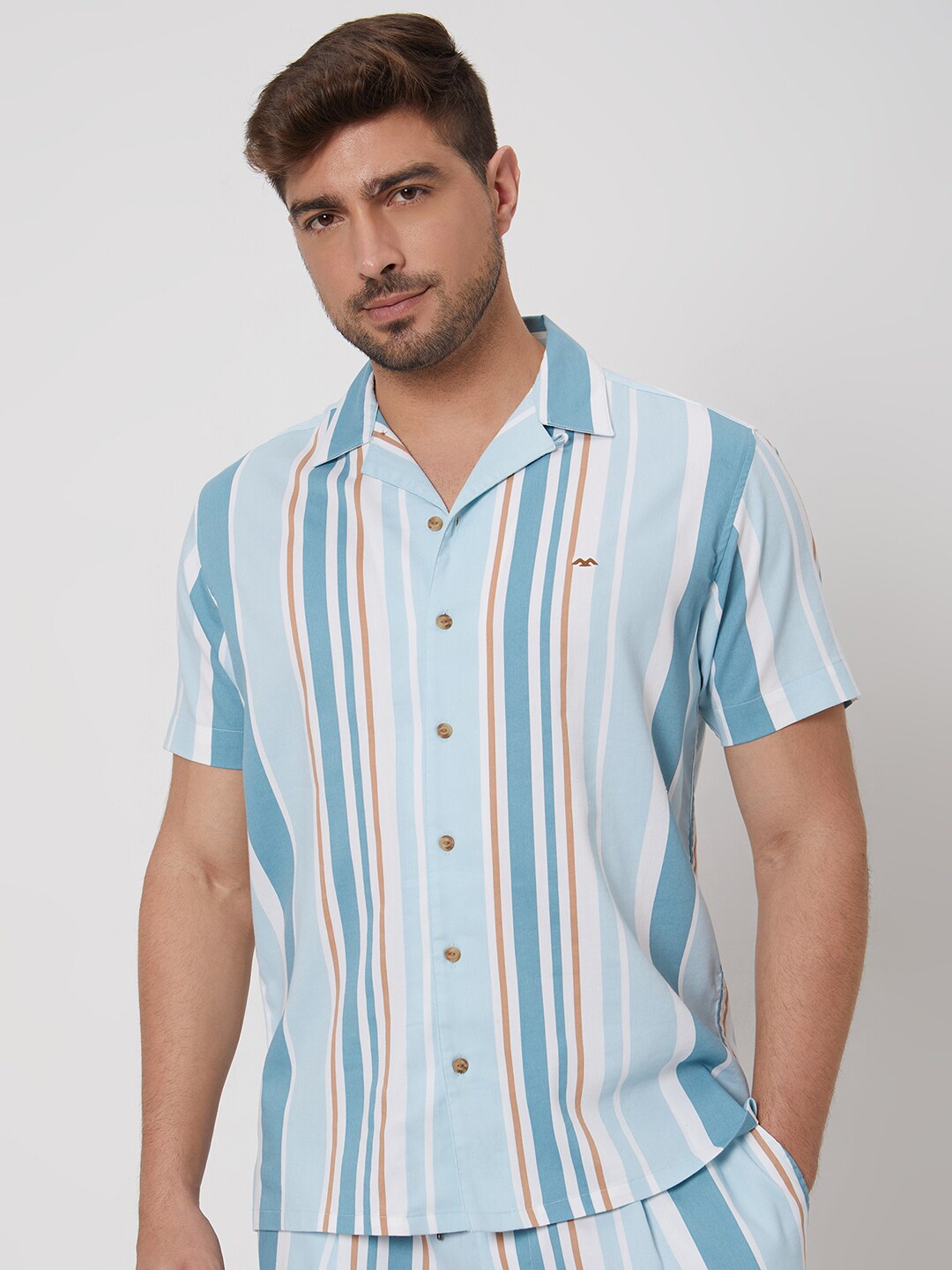 

Mufti Vertical Striped Slim Fit Cuban Collar Cotton Casual Shirt, Blue