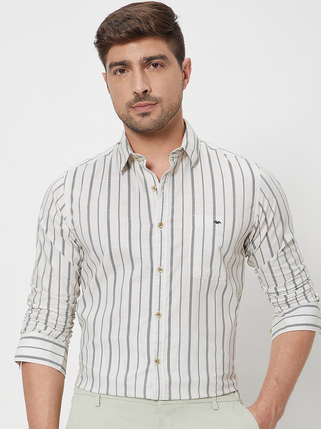 

Mufti Slim Fit Vertical Striped Cotton Casual Shirt, Off white