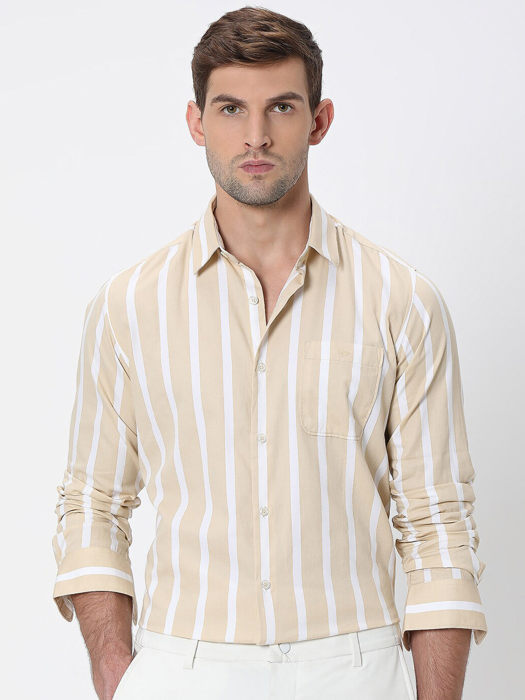 

Mufti Slim Fit Vertical Striped Cotton Casual Shirt, Beige