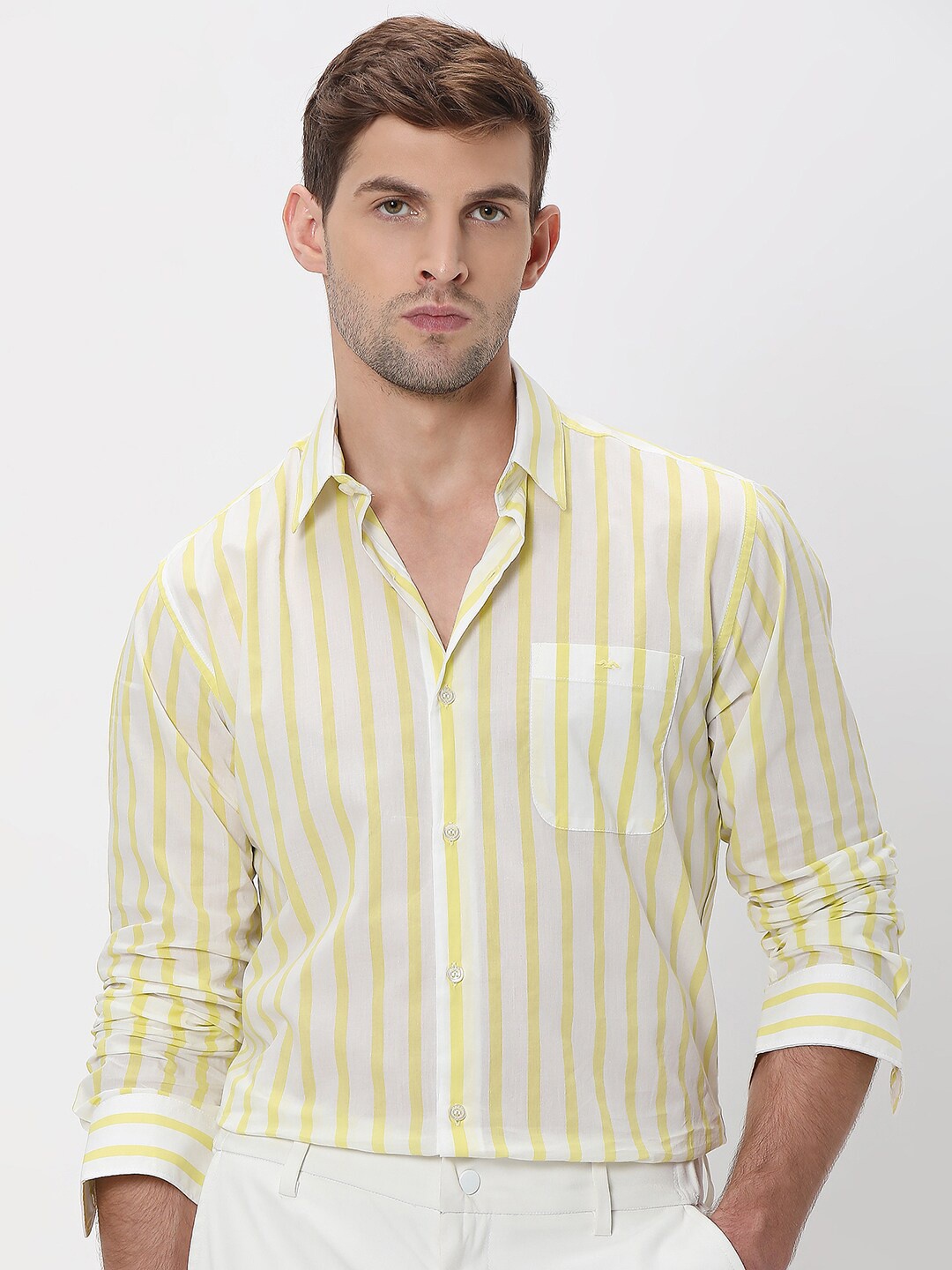 

Mufti Slim Fit Vertical Striped Cotton Casual Shirt, Yellow