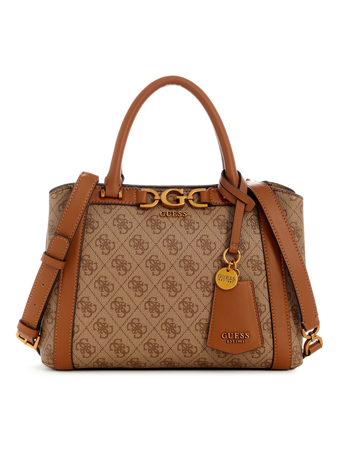 

GUESS Brand Logo Printed Structured Handheld Bag, Brown