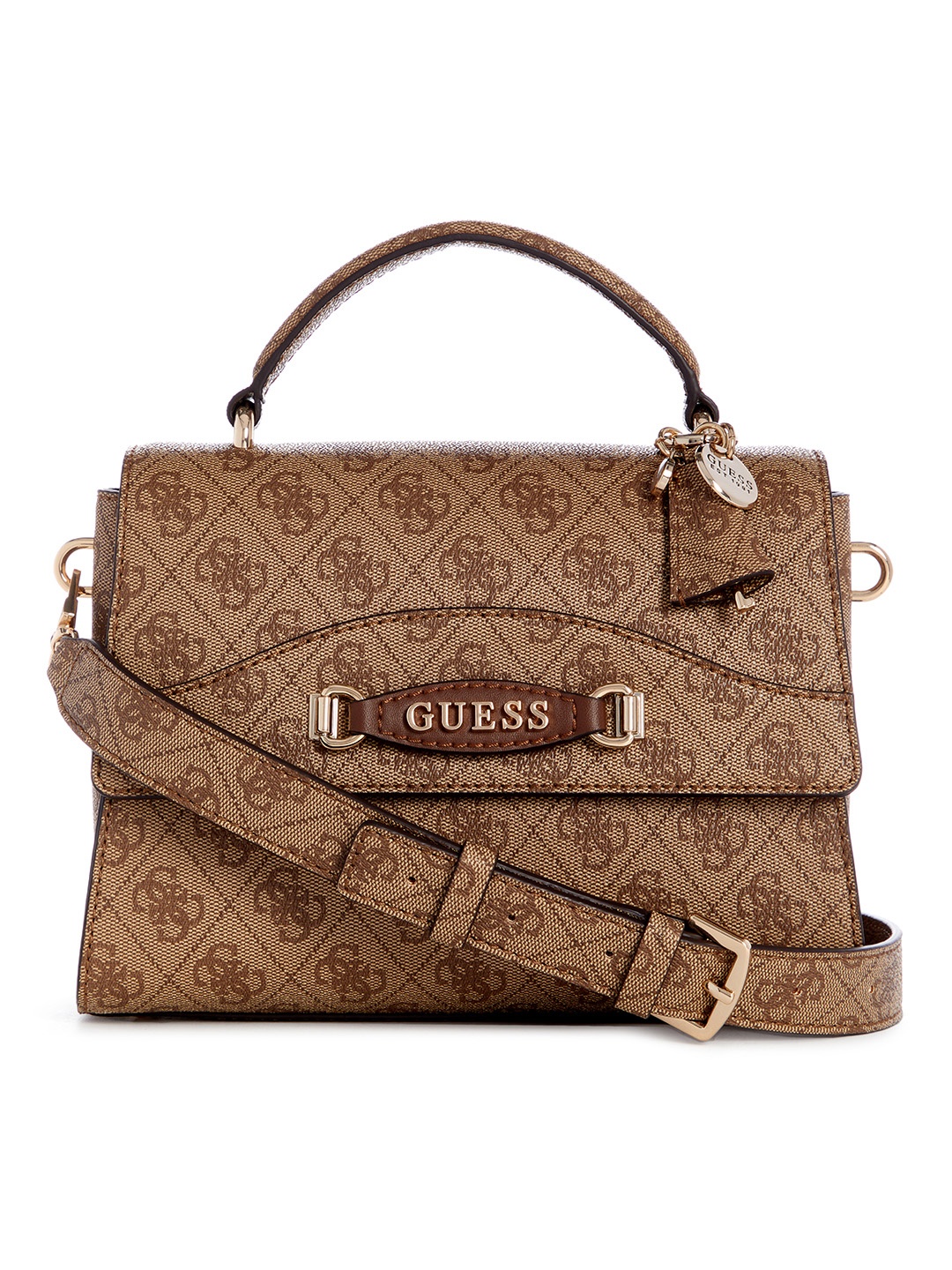 

GUESS Brand Logo Printed Structured Satchel Bag, Brown