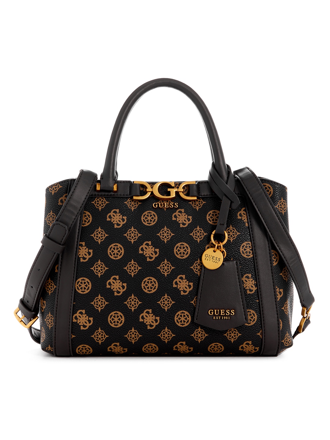 

GUESS Brand Logo Printed Structured Handheld Bag, Brown