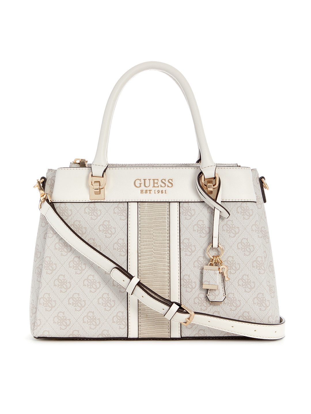 

GUESS Brand Logo Printed Structured Handheld Bag, Cream